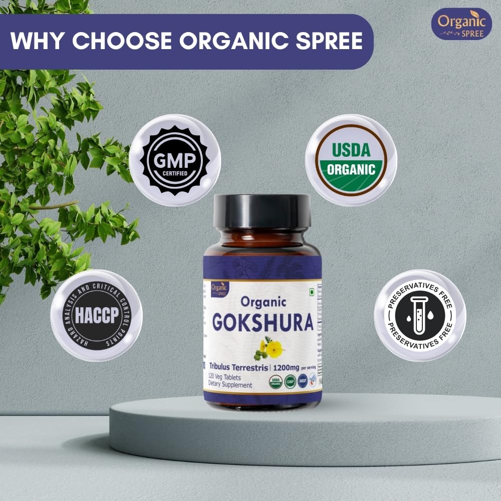 ORGANIC SPREE Gokshura 120 Tablets | Tribulus Terrestris | USDA Organic Certified | Supports Immunity & Strength | Pack of 3