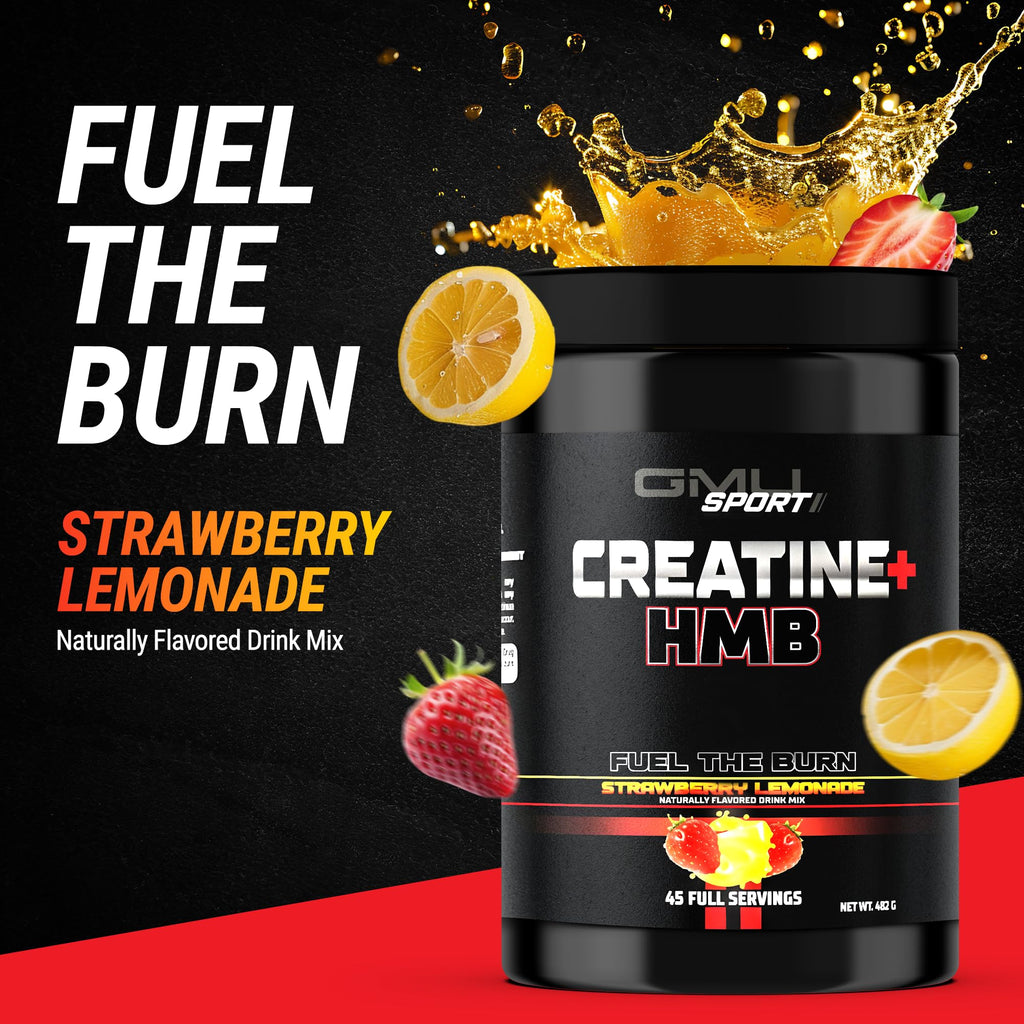 GMU SPORT Creatine 2.0 – Flavored Creatine + HMB Powder (45 Servings) | 5g Creatine Monohydrate + 3g HMB + Piperine | Strawberry Lemonade