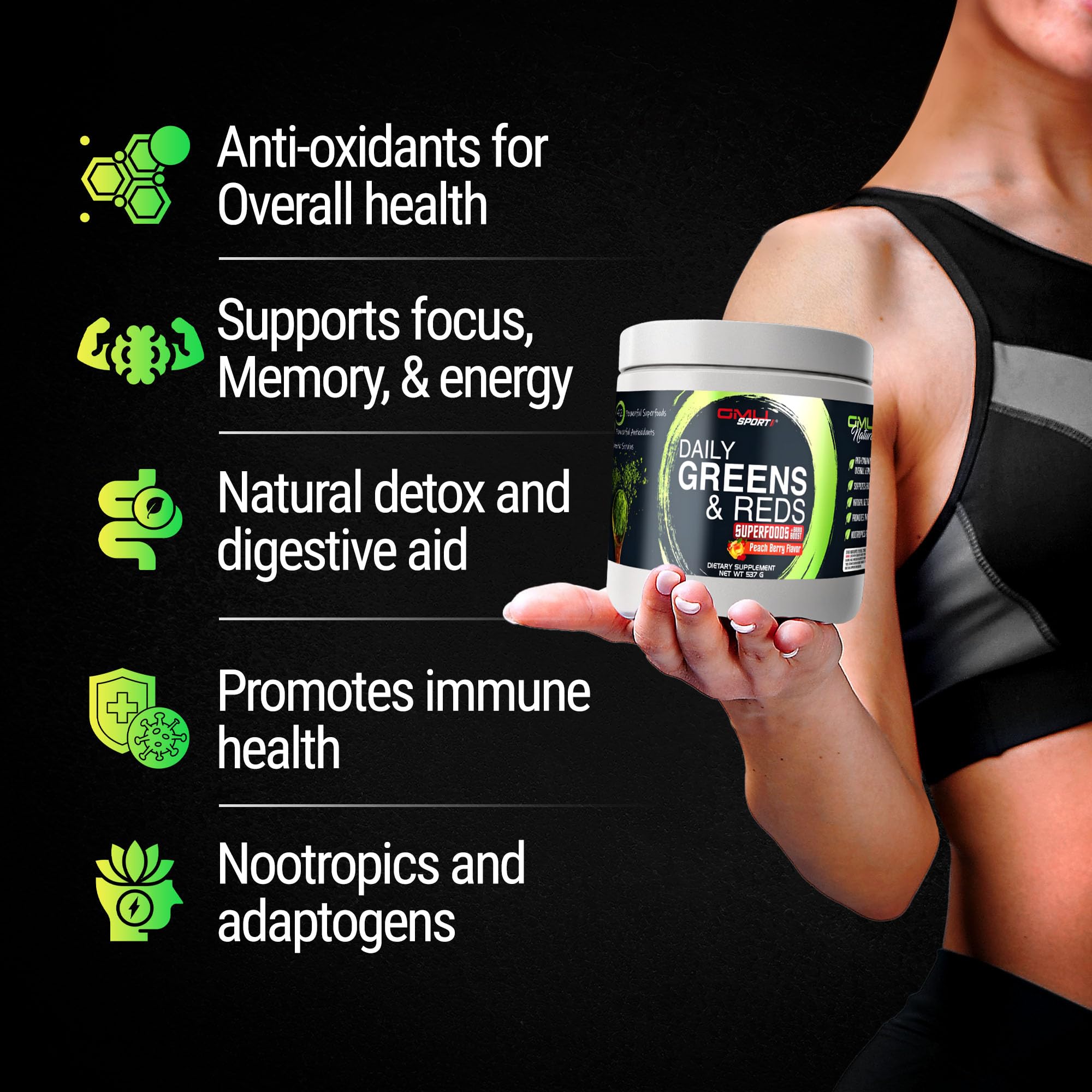 GMU SPORT Daily Greens & Reds – Peach Berry Powder with Probiotics & 42 Superfoods