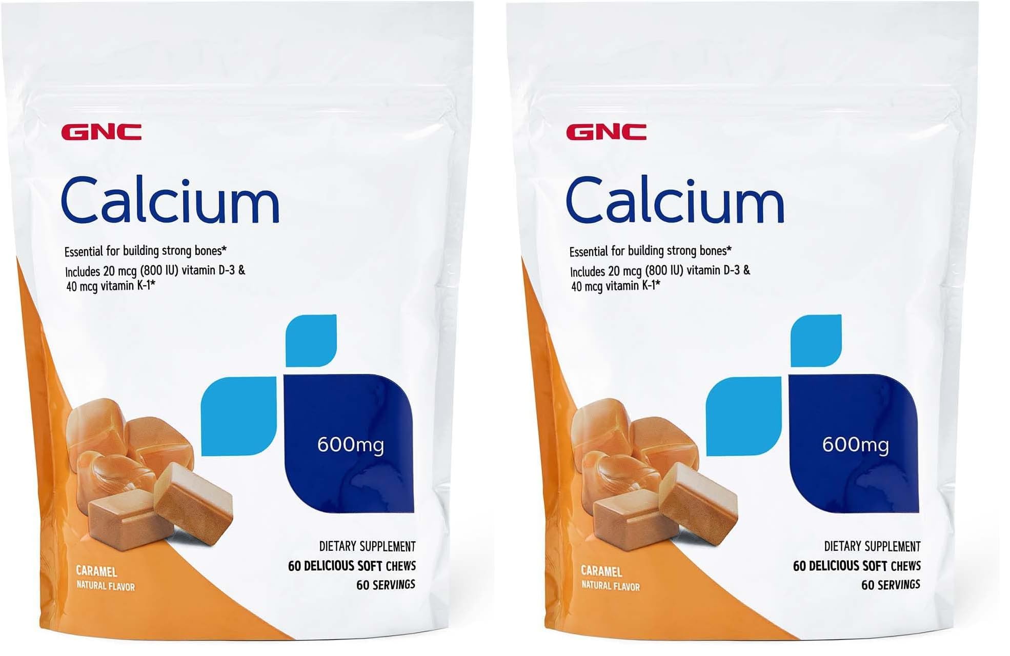 GNC Calcium 600mg Supplement – Supports Strong Bones, Caramel, 60 Servings (Pack of 2)