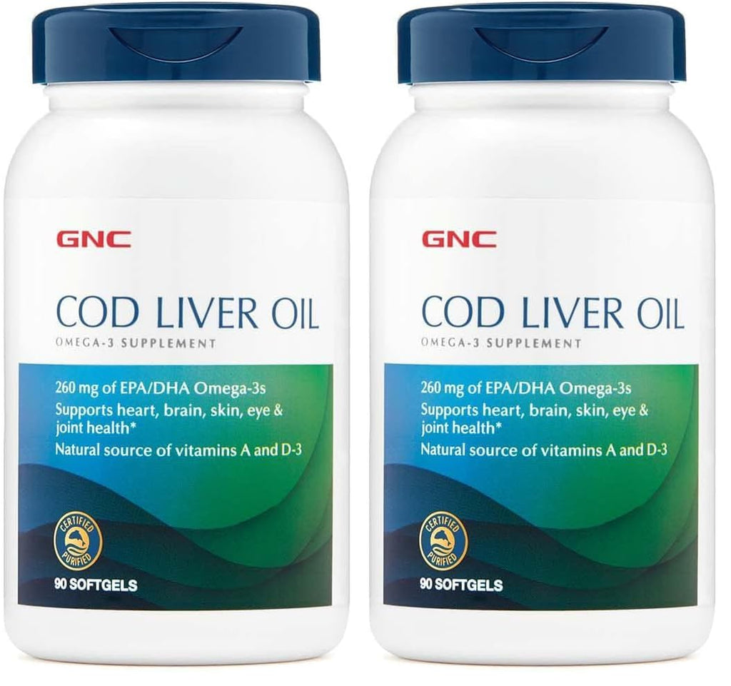 GNC Cod Liver Oil Omega-3 260mg EPA/DHA – Supports Heart, Brain, Skin, Eyes & Joints (90 Softgels x2)