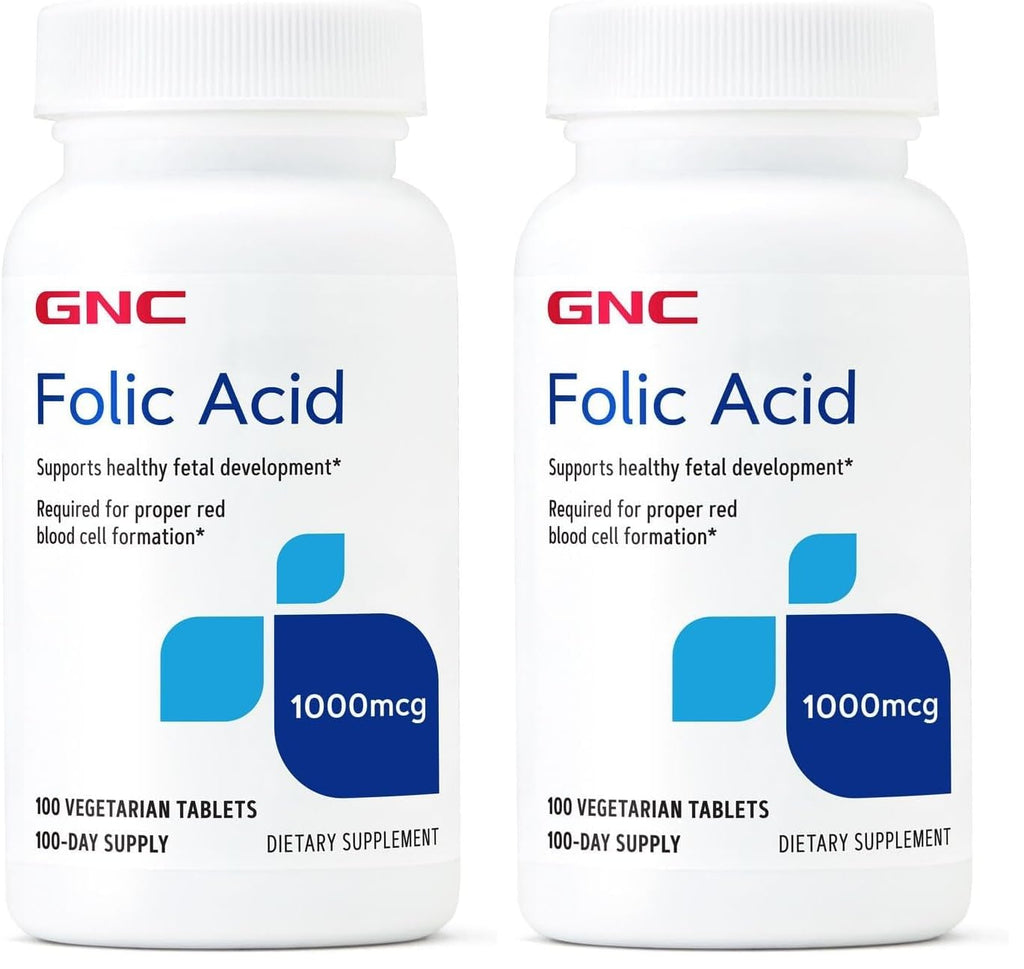 GNC Folic Acid 1000mcg – Supports Healthy Fetal Development | Vegetarian Formula | 100 Count (Pack of 2)