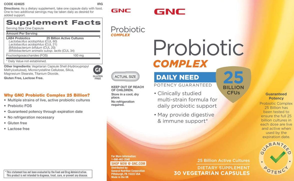 GNC Probiotic Complex - 25 Billion CFUs (30 Capsules) | Daily Digestive & Immune Support