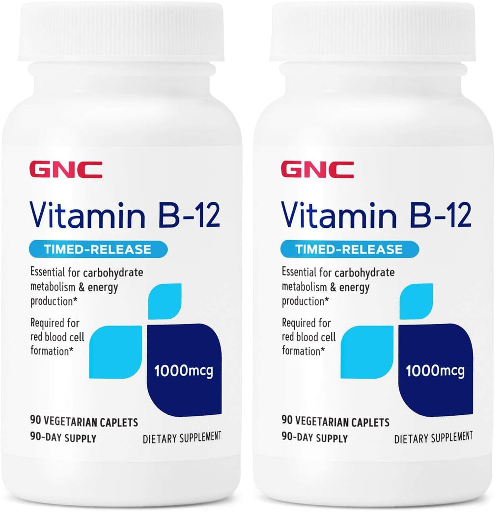 GNC Vitamin B-12 1000mcg - 90 Vegetarian Caplets (Pack of 2) | Supports Energy Production