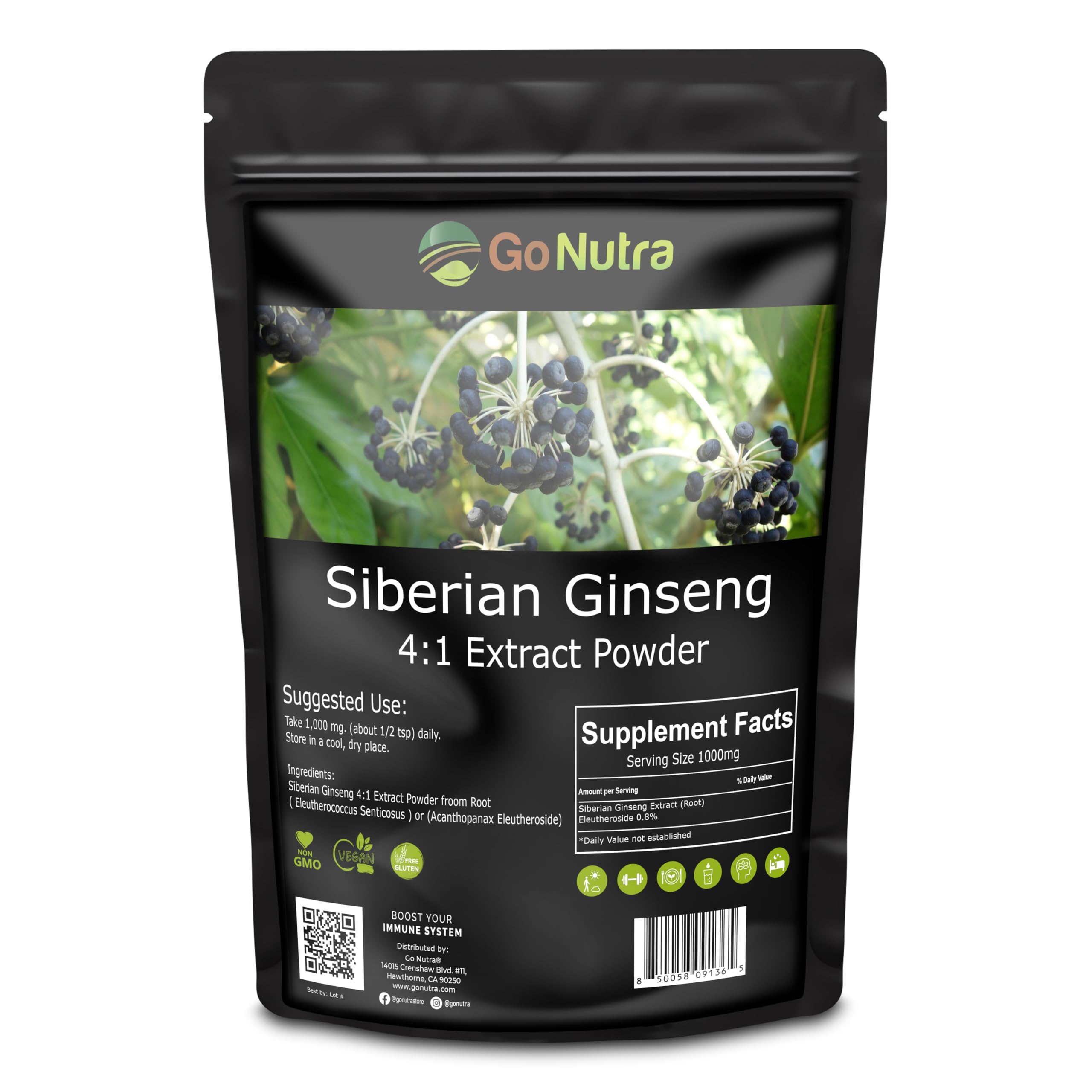 Go Nutra Siberian Ginseng - Eleuthero Root Powder 4:1 Extract | Energy & Stamina | Non-GMO | 4 oz