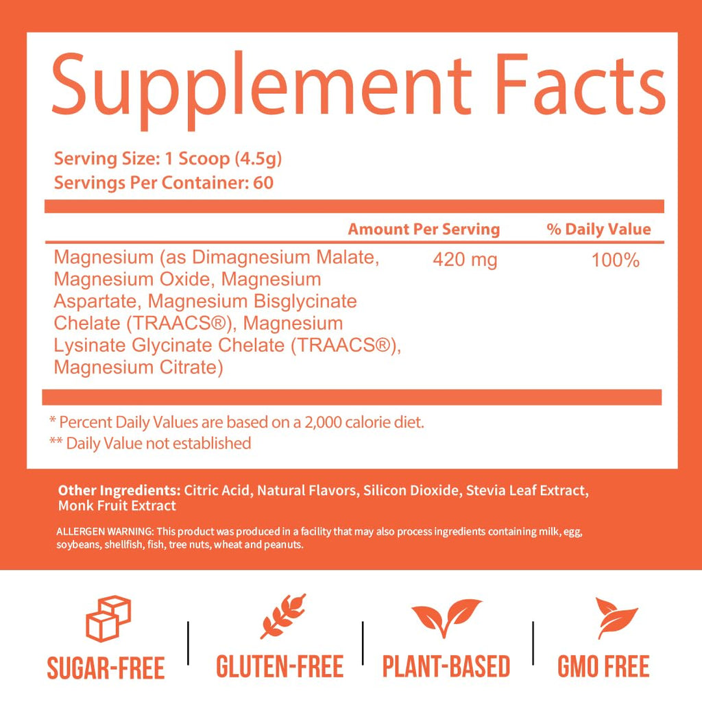 GoBiotix Magnesium Glycinate Powder – 420 mg, High Absorption Complex, Peach Tea, 60 Servings