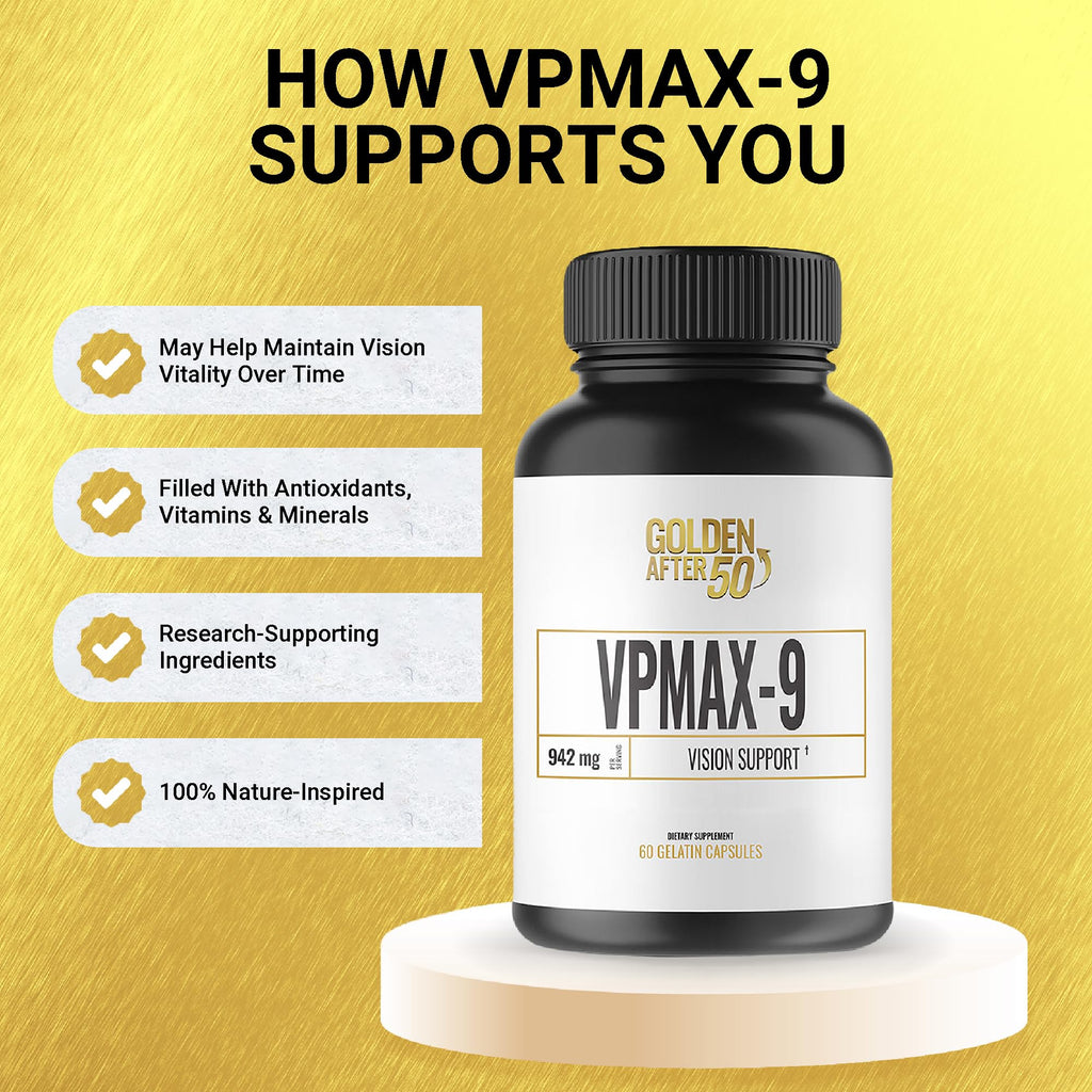 Golden After 50 VpMax-9: Sight Care Eye Vitamins with Lutein, Bilberry & Lycopene – 3 Bottles