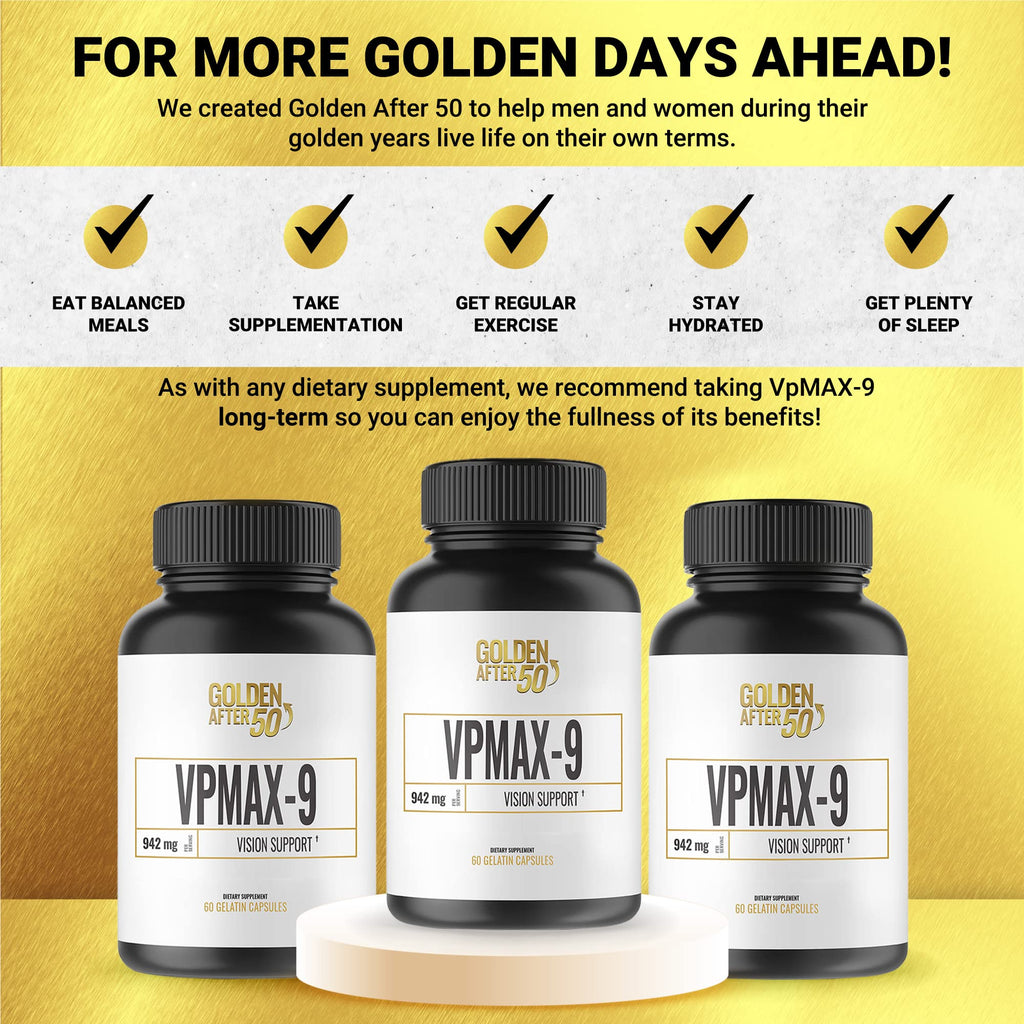Golden After 50 VpMax-9: Sight Care Eye Vitamins with Lutein, Bilberry & Lycopene – 3 Bottles
