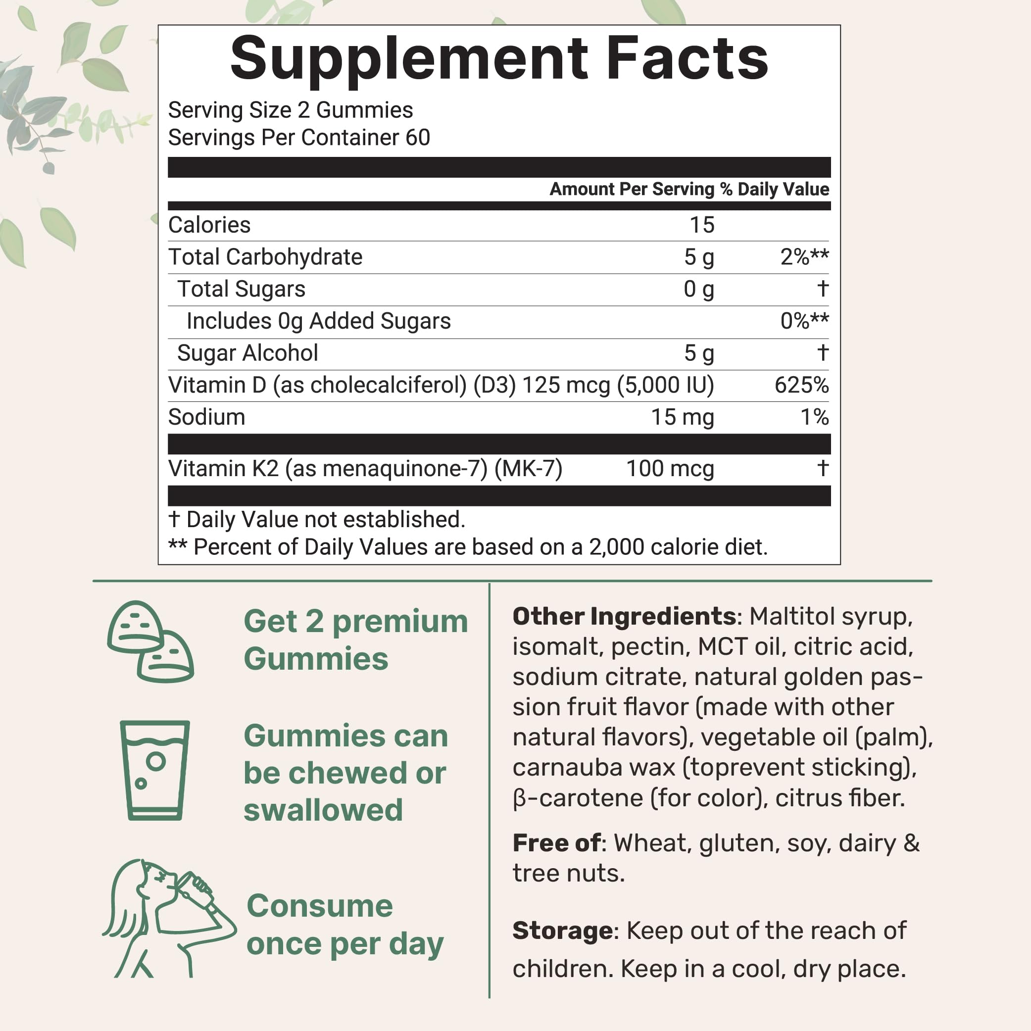 Vitamin D3 K2 Gummies 5,000 IU D3 + 100 mcg MK-7 | 120 Count | Sugar Free Golden Passion Fruit