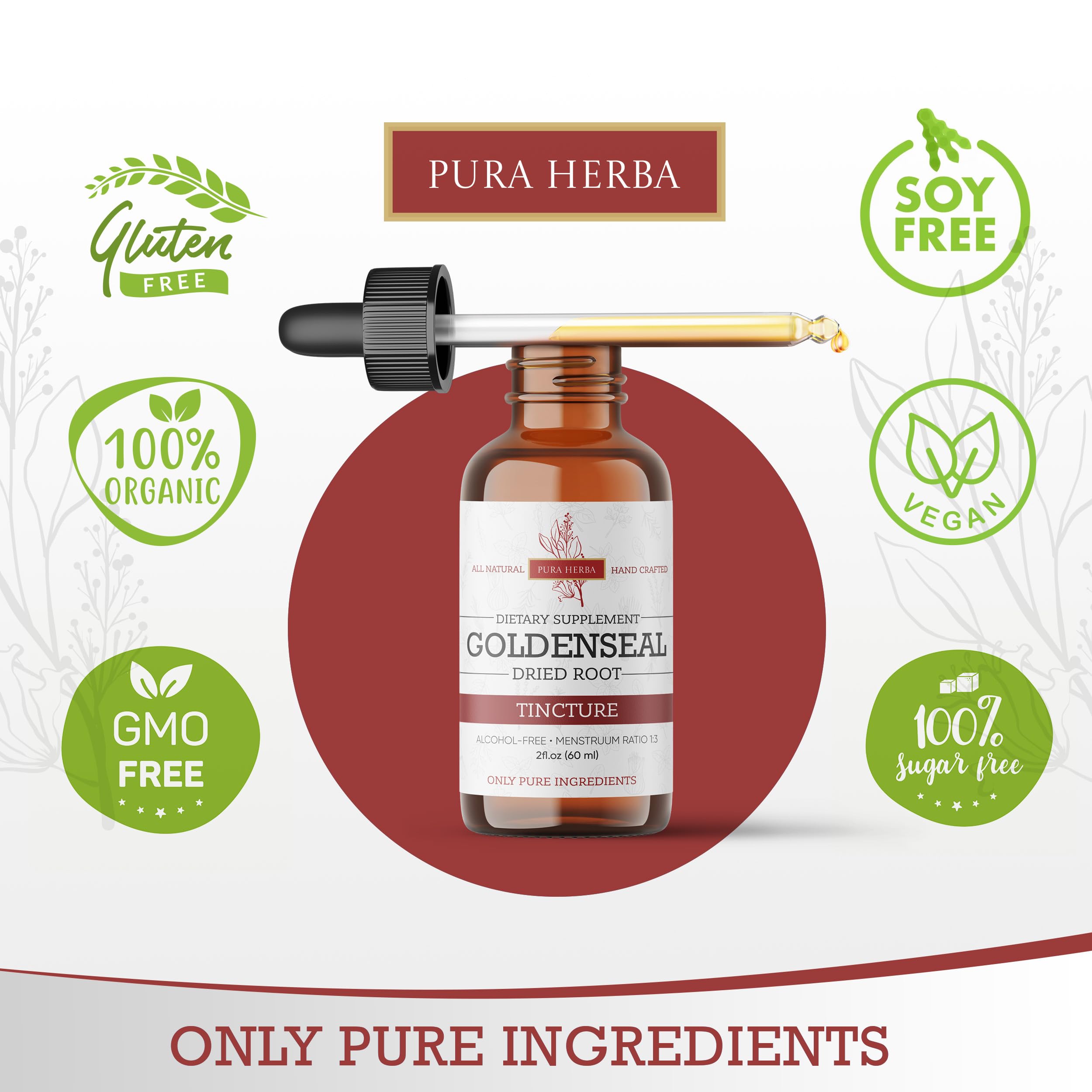 Pura Herba Goldenseal Tincture – Alcohol-Free Herbal Extract | USA-Made 2 oz (60 ml)
