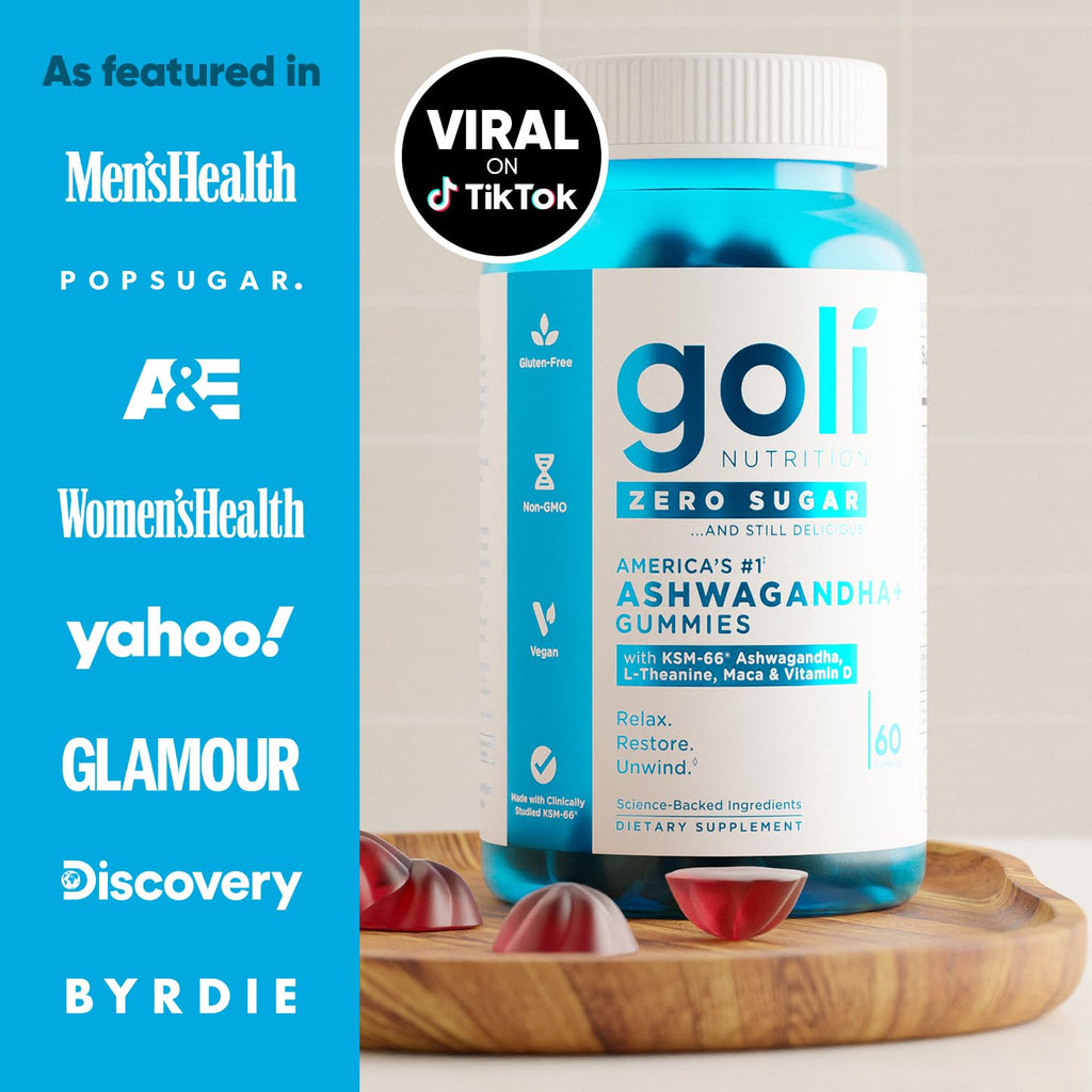 Goli Zero Sugar Ashwagandha Gummies – 3 Pack, 180 Count | KSM-66, L-Theanine, Maca, Vitamin D | Vegan, Keto