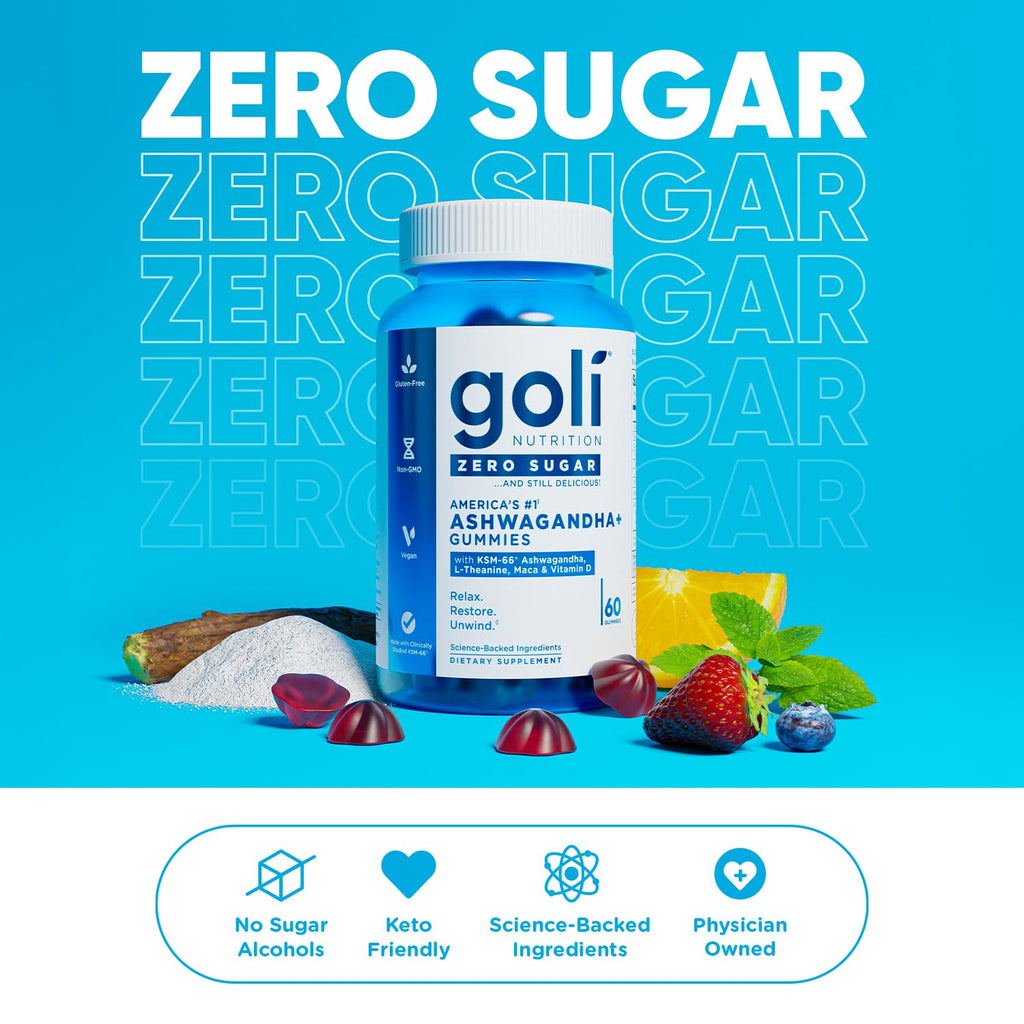 Goli Zero Sugar Ashwagandha Gummies – 3 Pack, 180 Count | KSM-66, L-Theanine, Maca, Vitamin D | Vegan, Keto