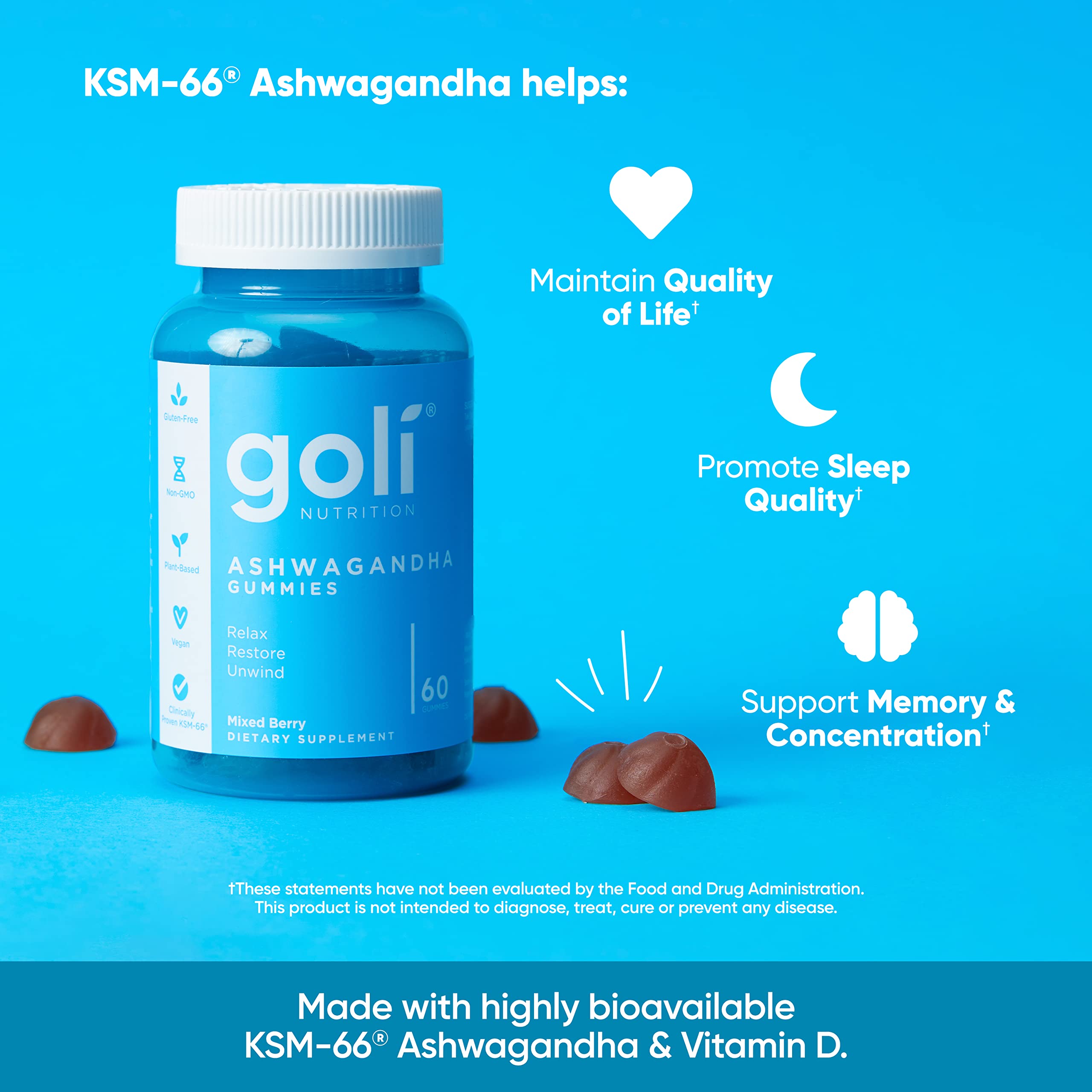 Goli Ashwagandha & Vitamin D Gummies – 180 Count, Mixed Berry, Vegan, Pack of 3