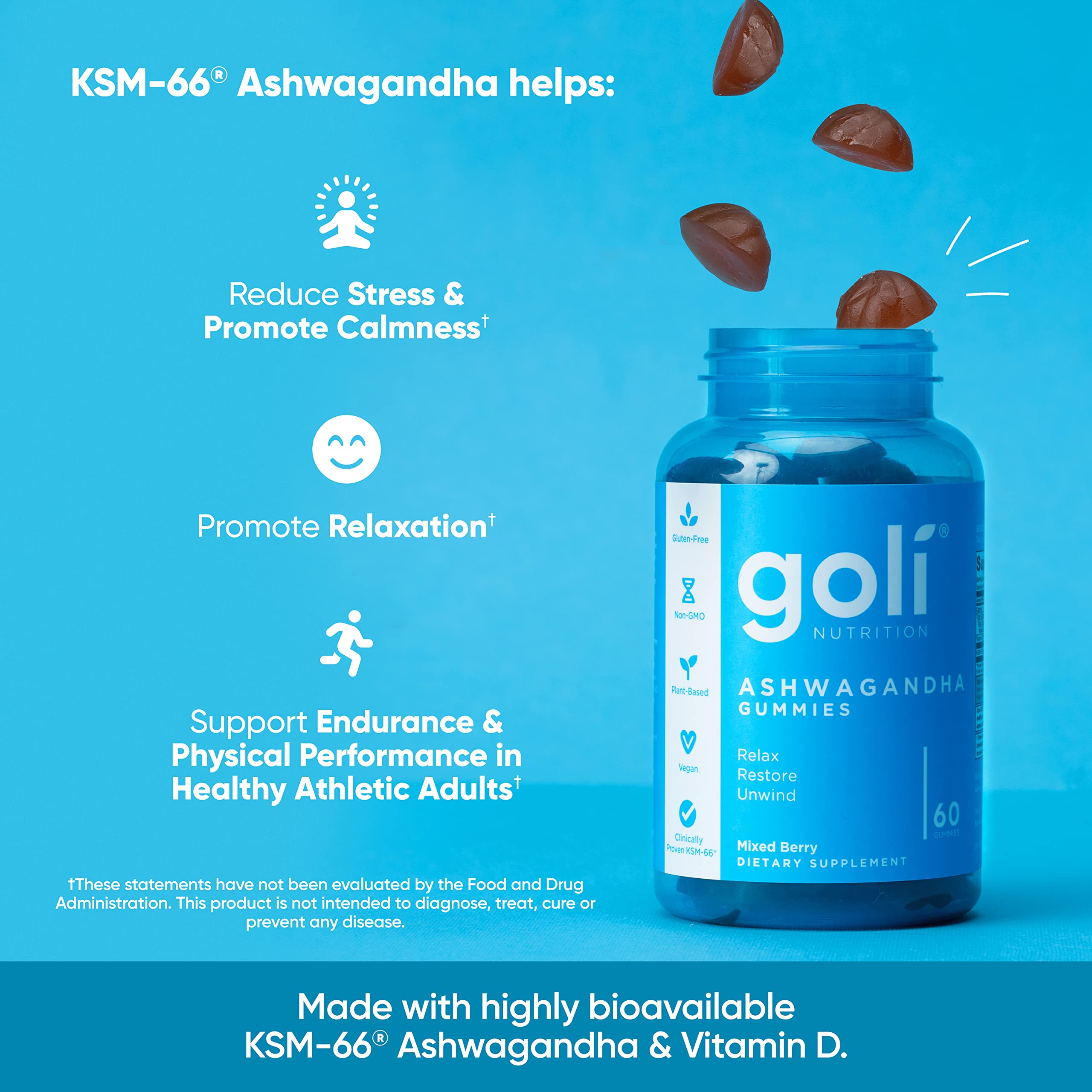 Goli Ashwagandha & Vitamin D Gummies – 120 Count (Pack of 2) | Vegan