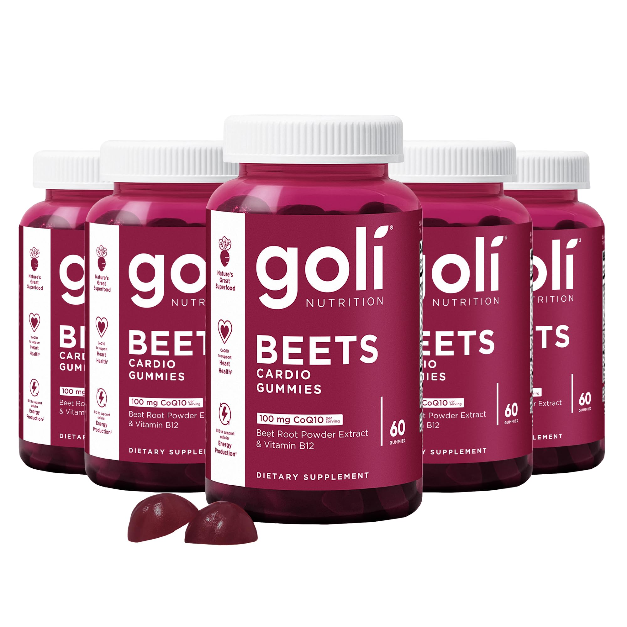Goli Beets Cardio Gummies with CoQ10 & Vitamin B12 – Beetroot Extract | Vegan, Non-GMO, Gluten-Free (300 Count, 5 Pack)