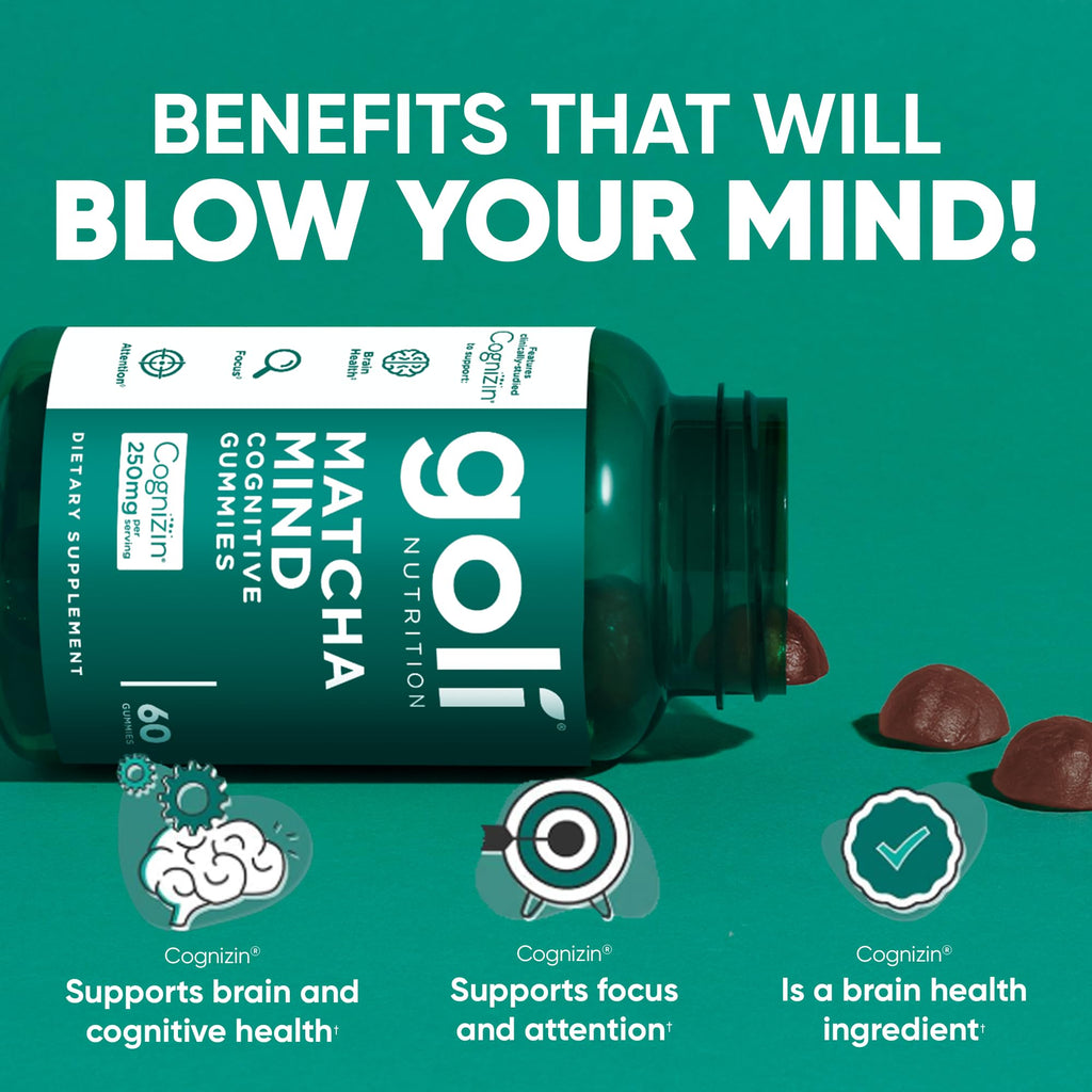 Goli Matcha Mind Gummies – 180 Count | Cognizin for Focus & Brain Health | Vegan, Non-GMO, Gluten-Free