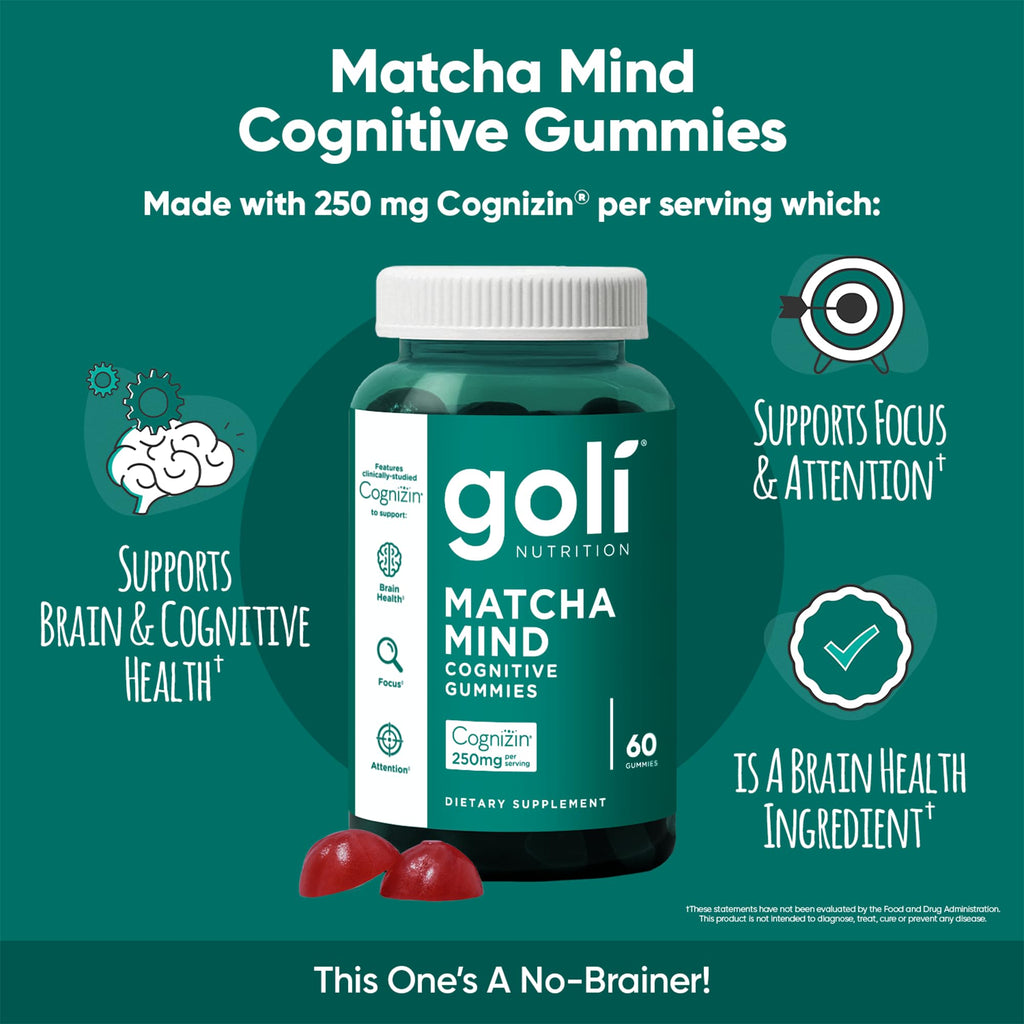 Goli Matcha Mind Gummies – 180 Count | Cognizin for Focus & Brain Health | Vegan, Non-GMO, Gluten-Free