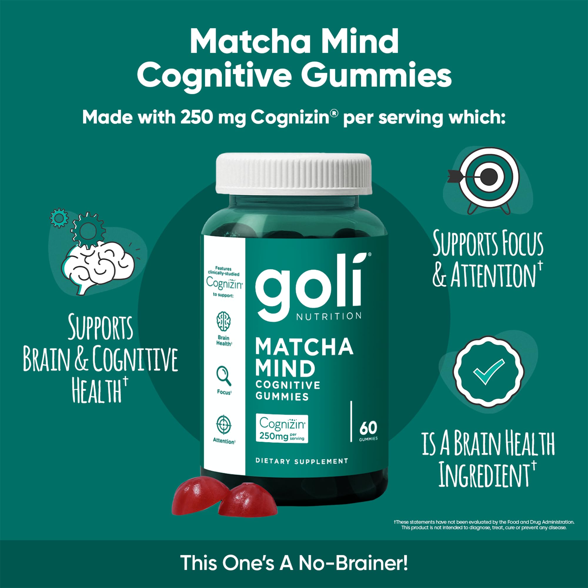 Goli Matcha Mind Gummies – 180 Count | Cognizin for Focus & Brain Health | Vegan, Non-GMO, Gluten-Free