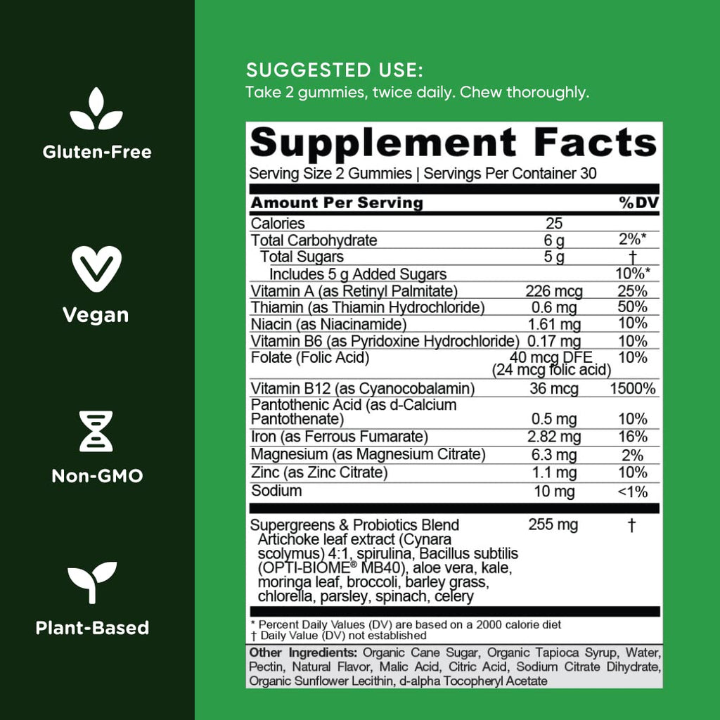 Goli Supergreens Gummies with Probiotics – Artichoke Leaf, Spirulina & Kale | Vegan, Gluten-Free, Non-GMO – 60 Count (5 Pack)