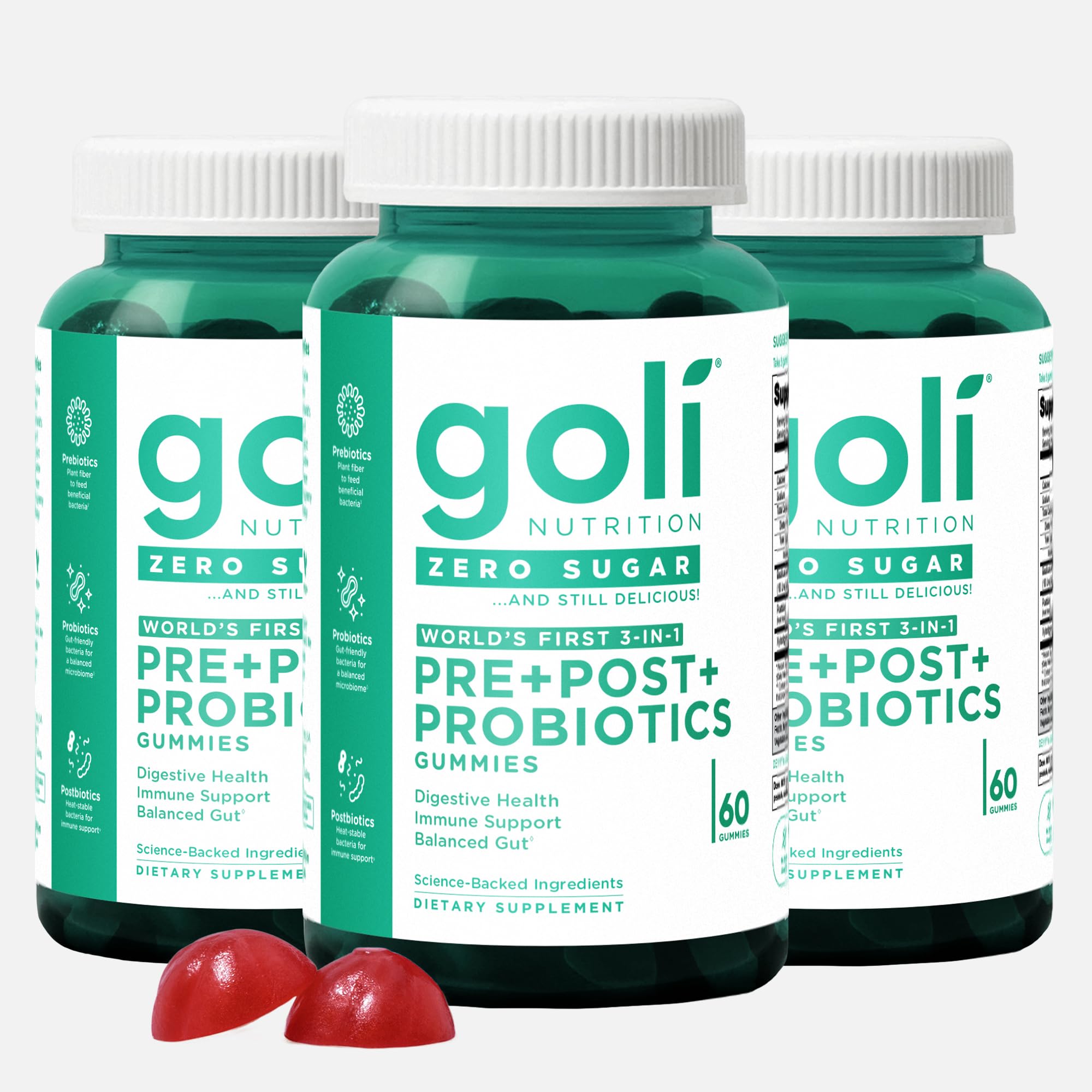 Goli Zero Sugar Pre, Post & Probiotic Gummies - 3-in-1 Gluten-Free, Vegan, Non-GMO, Gelatin-Free