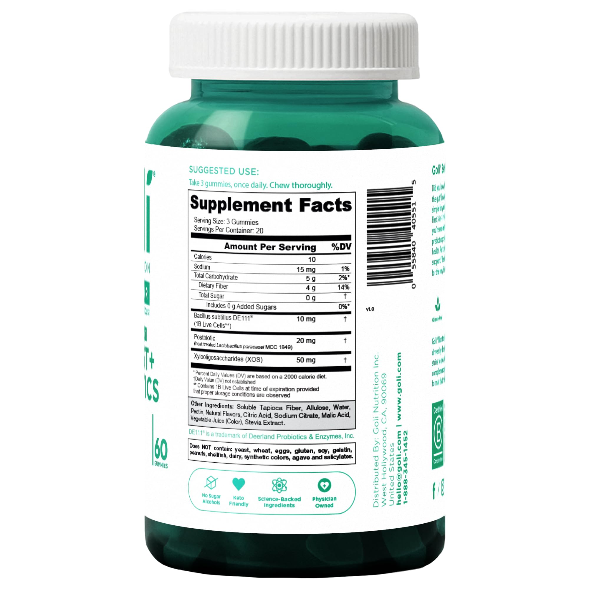 Goli Zero Sugar Pre, Post & Probiotic Gummies - 3-in-1 Gluten-Free, Vegan, Non-GMO, Gelatin-Free