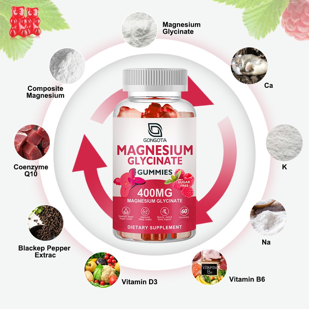 GONGOTA Magnesium Glycinate Gummies 400 mg + 100 mg Magnesium Compound with Vitamin D & B6 | Sugar-Free, 180 Gummies