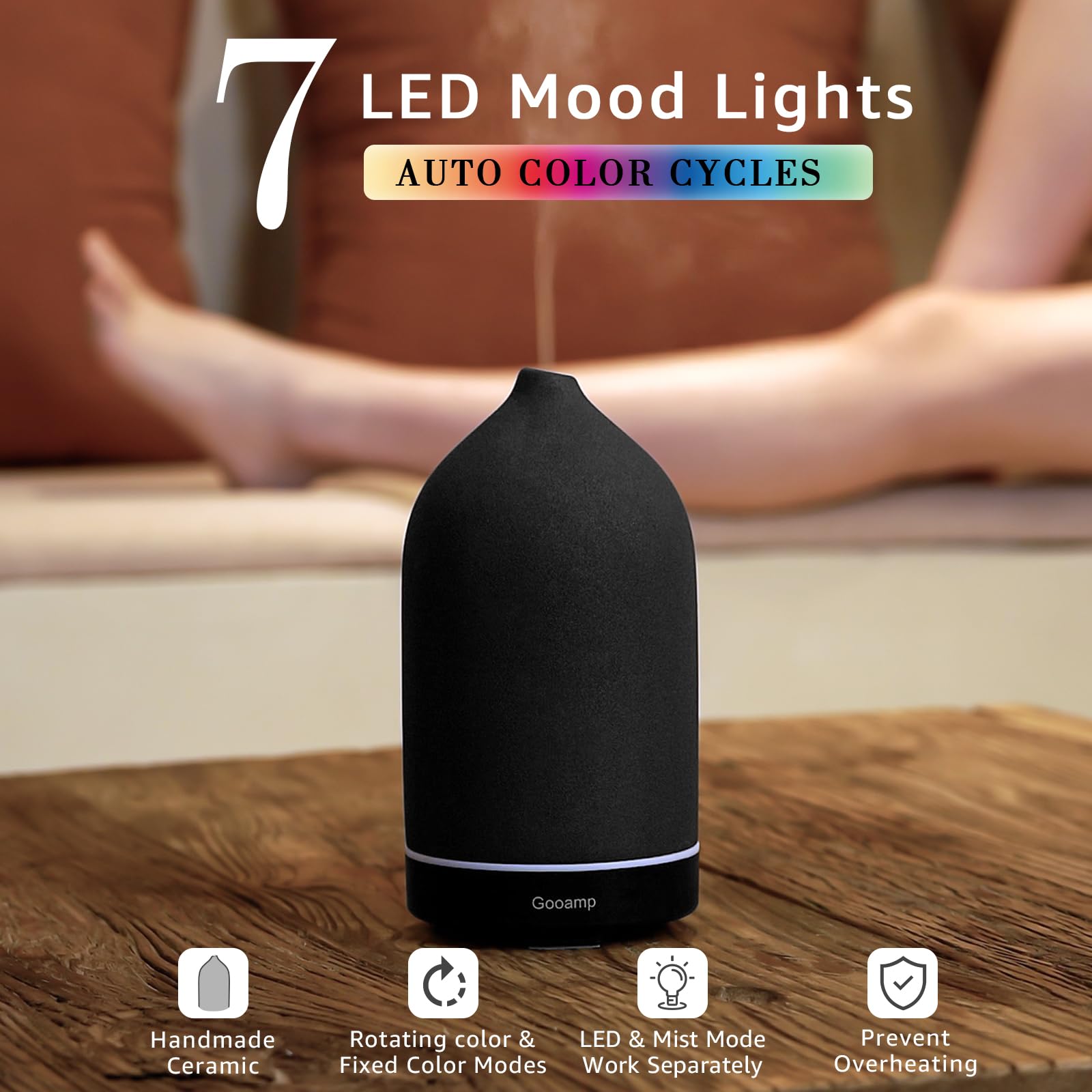 Gooamp 200ML Ceramic Essential Oil Diffuser – Ultrasonic Diffuser, 7-Color LED, Auto Shut-Off | Black