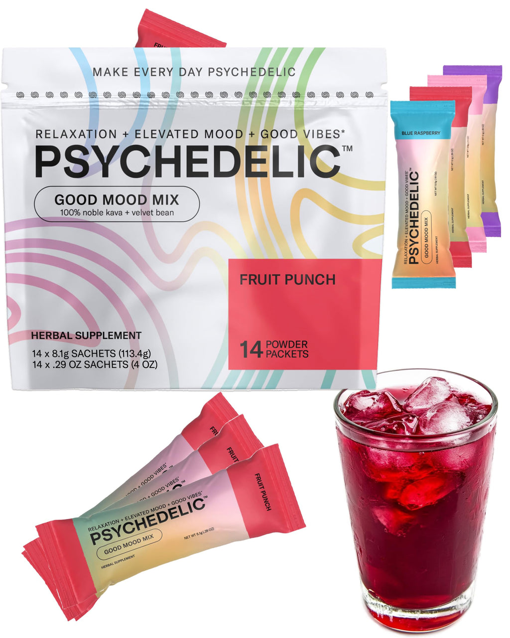 Good Mood Mix Fruit Punch Kava Drink Mix — 14-Stick, Mucuna Pruriens, Stevia