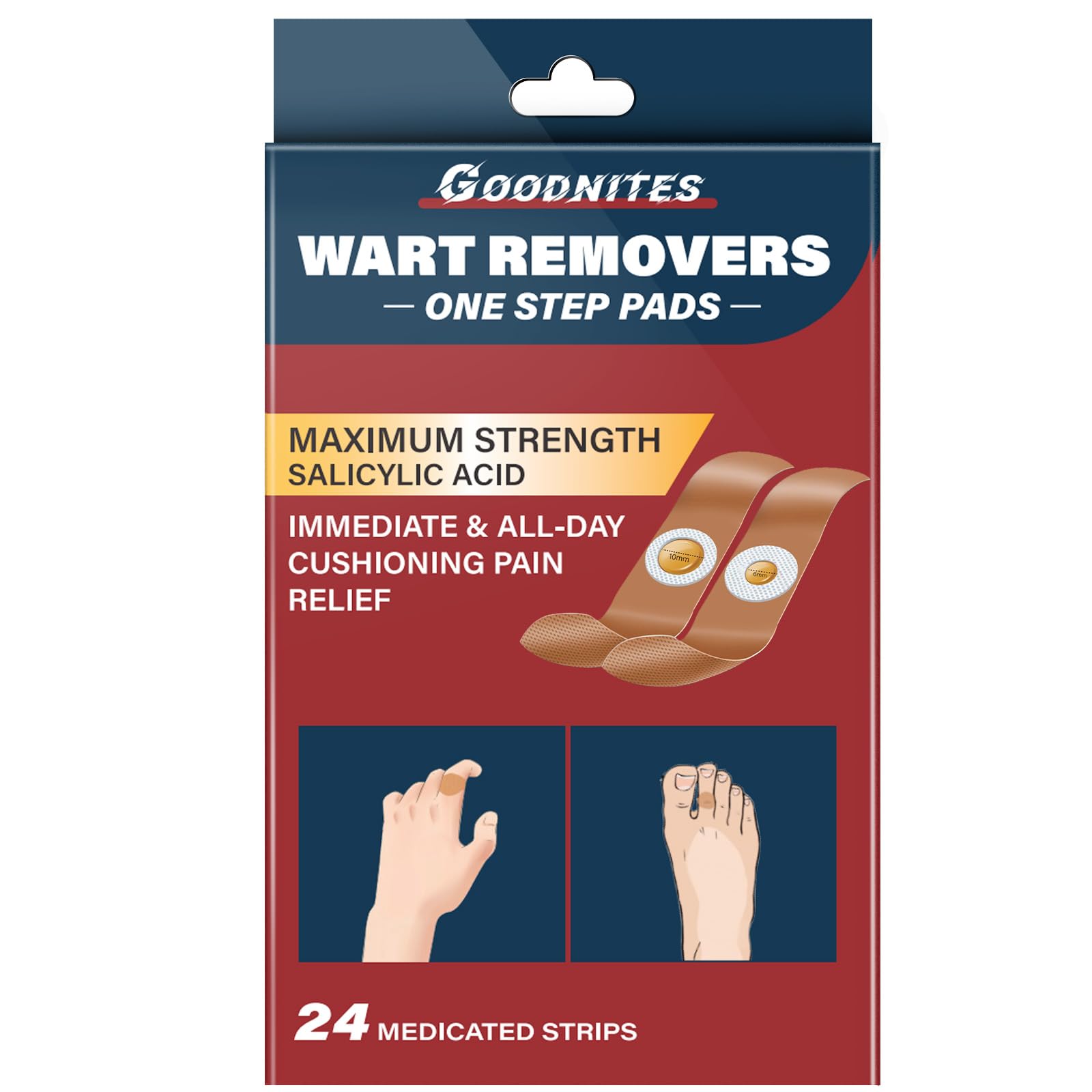 Goodnites Wart Remover Pads – Maximum Strength 40% Salicylic Acid, 24-Count, 6 mm & 10 mm Patches for Common & Plantar Warts