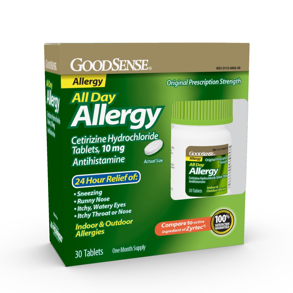 GoodSense Allergy Relief Cetirizine 10 mg – 24-Hour Indoor/Outdoor Relief, 30 Count