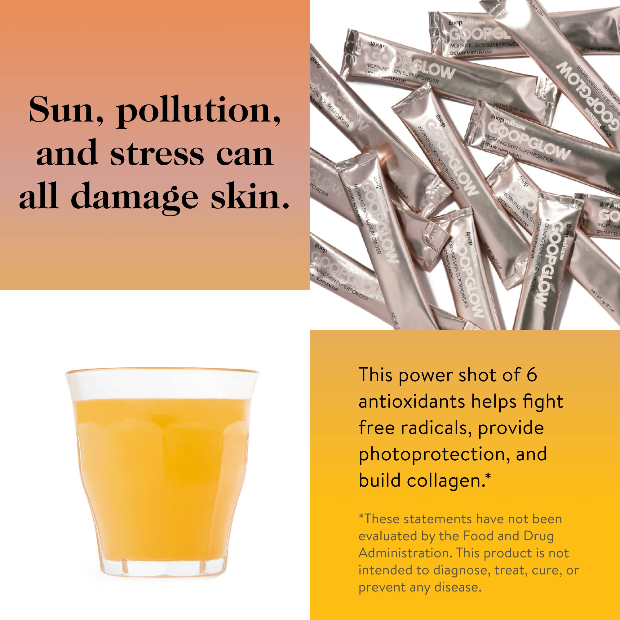 goop Beauty Morning Skin Drink Mix — Vitamin C & E for Radiant Skin, Lemon Verbena & Orange Flavor, 30 Pack