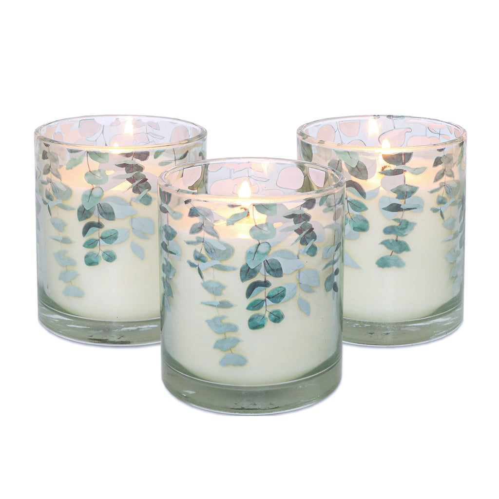 GORGE MOMENT Eucalyptus Scented Candles – 6.5oz Set of 3, Green Glass with Eucalyptus Leaf Design