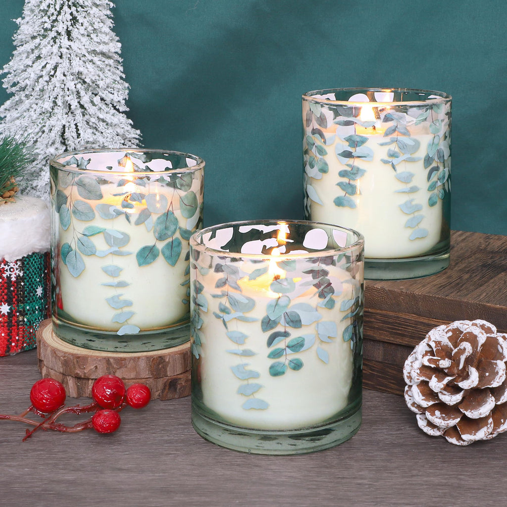 GORGE MOMENT Eucalyptus Scented Candles – 6.5oz Set of 3, Green Glass with Eucalyptus Leaf Design