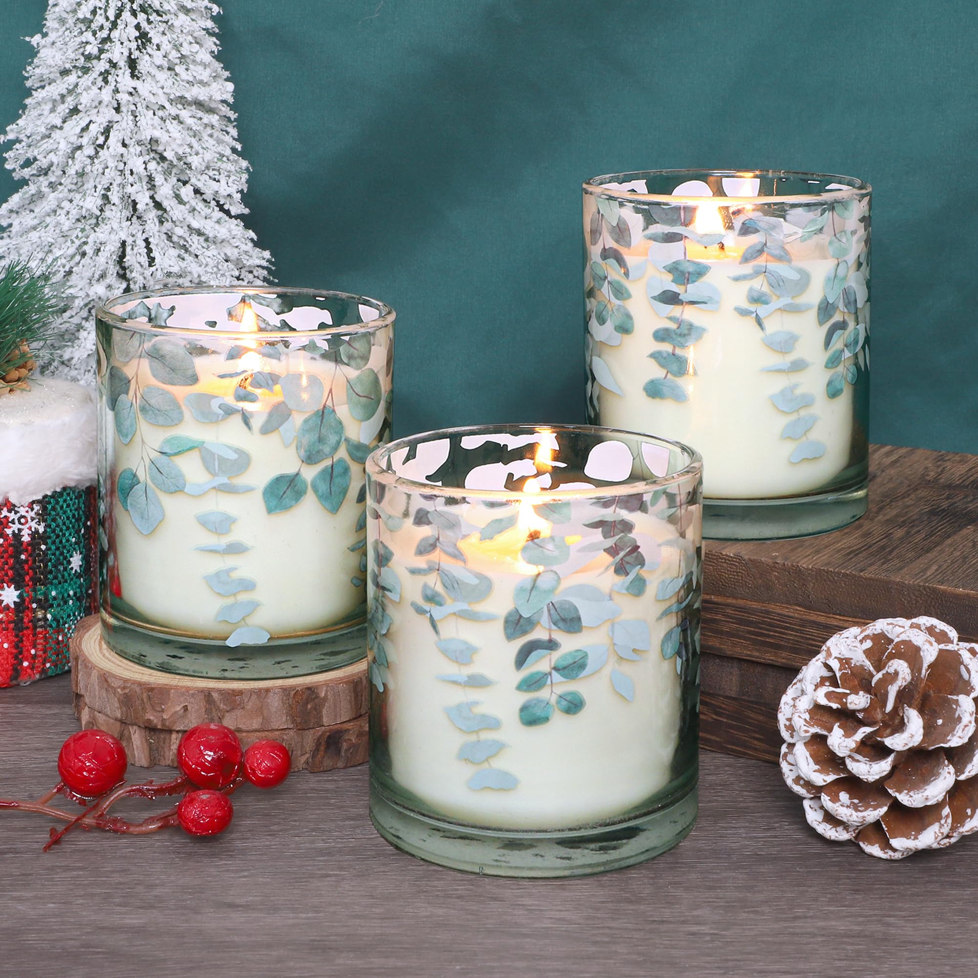 GORGE MOMENT Eucalyptus Scented Candles – 6.5oz Set of 3, Green Glass with Eucalyptus Leaf Design