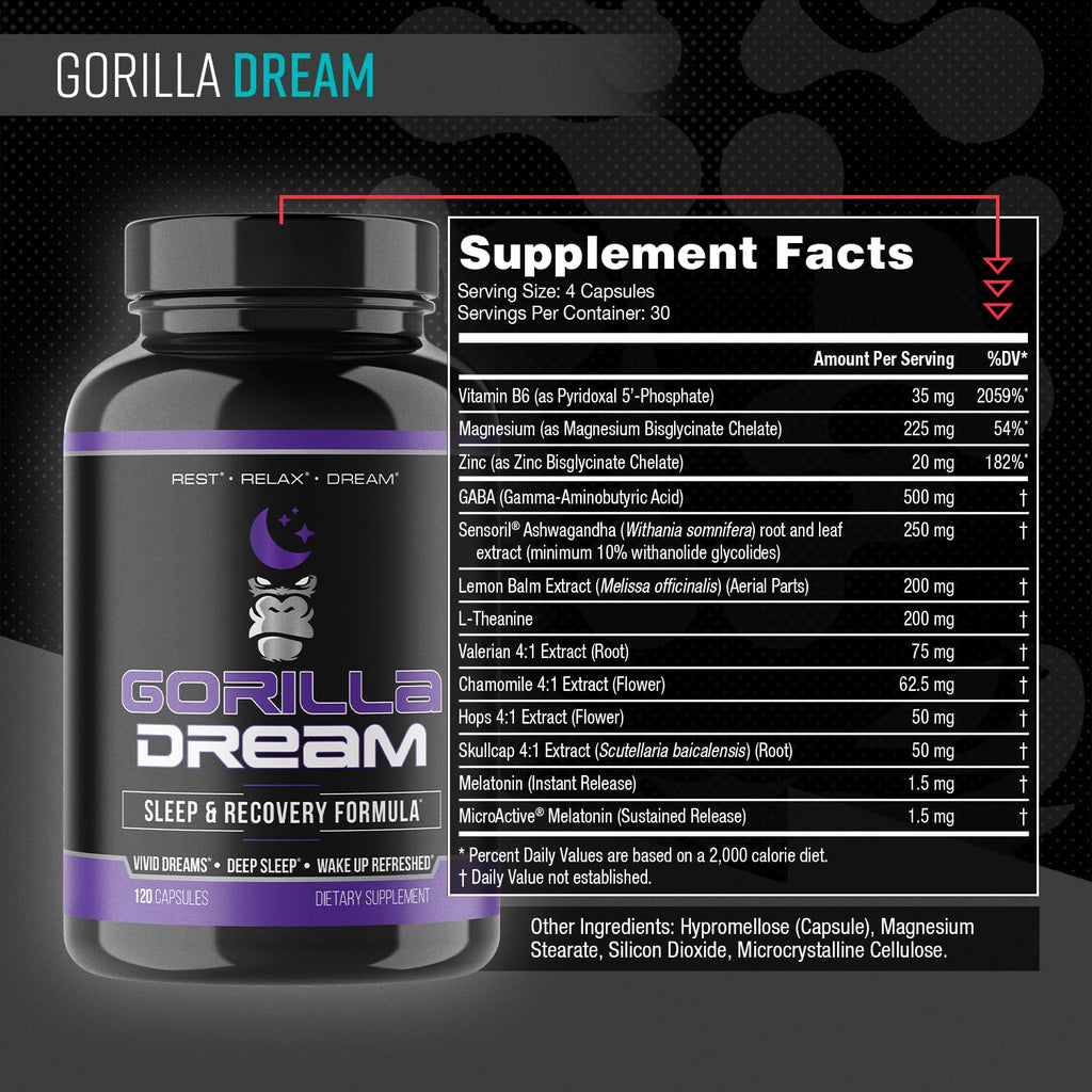 Gorilla Mind Dream Sleep Supplement (120 Capsules) - Nootropic Sleep & Recovery