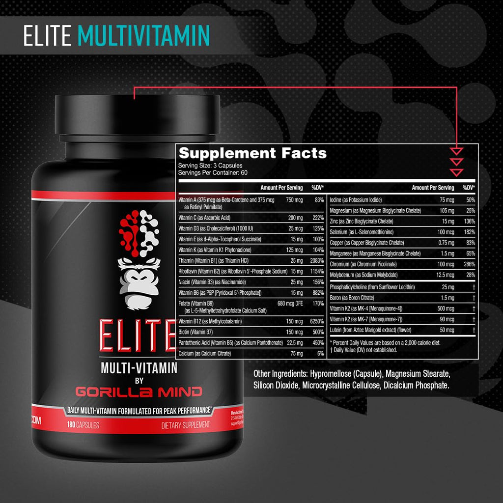 Gorilla Mind Elite Multi-Vitamin (180 Capsules) – Daily Multivitamin Formulated for Peak Performance | 27 Nutrients to Backfill Micronutrient Shortcomings