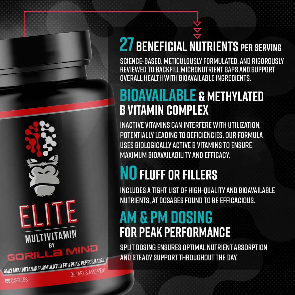 Gorilla Mind Elite Multi-Vitamin (180 Capsules) – Daily Multivitamin Formulated for Peak Performance | 27 Nutrients to Backfill Micronutrient Shortcomings