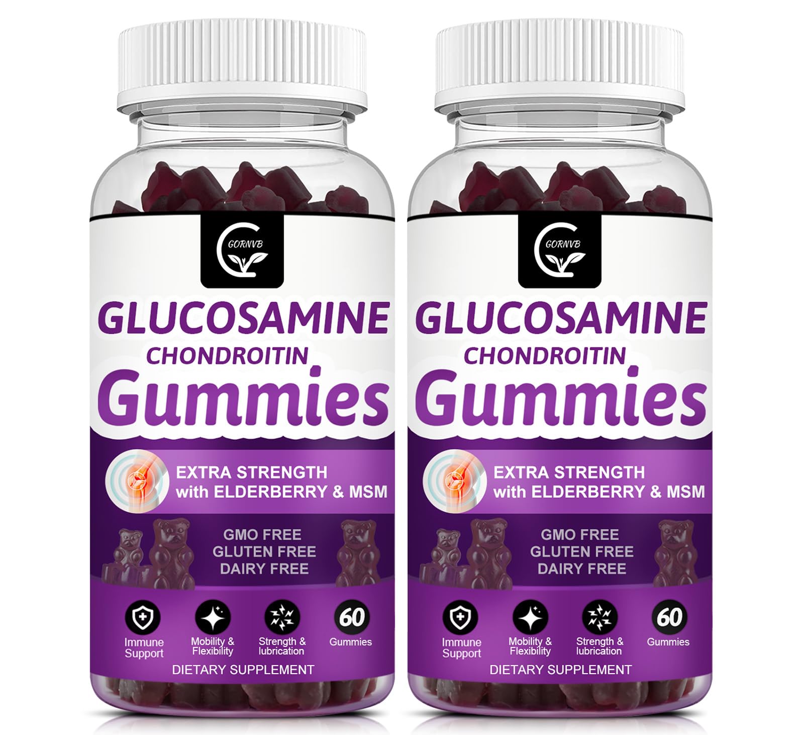 GORNVB Glucosamine Chondroitin Gummies with MSM & Elderberry – Extra Strength (2 Pack, 60 Gummies) | Flexibility & Immune Support