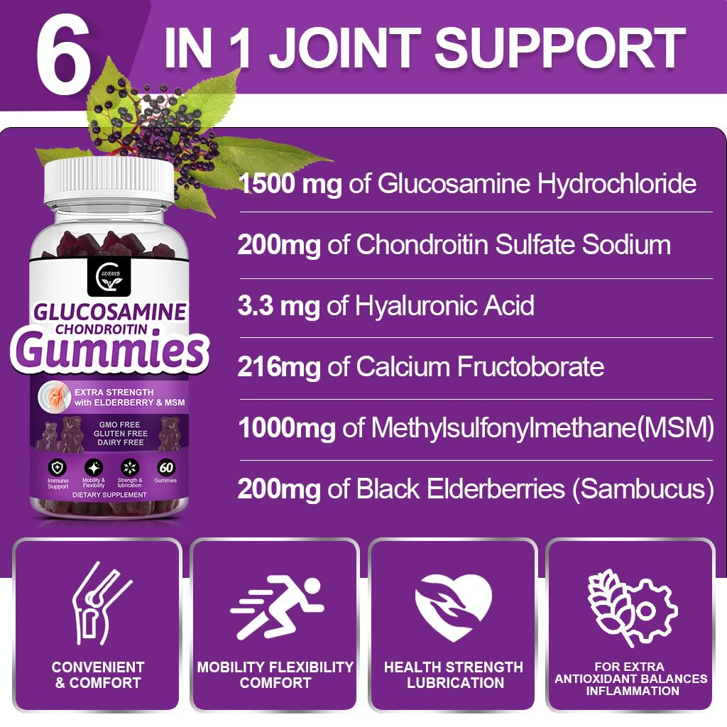 GORNVB Glucosamine Chondroitin Gummies with MSM & Elderberry – Extra Strength (2 Pack, 60 Gummies) | Flexibility & Immune Support