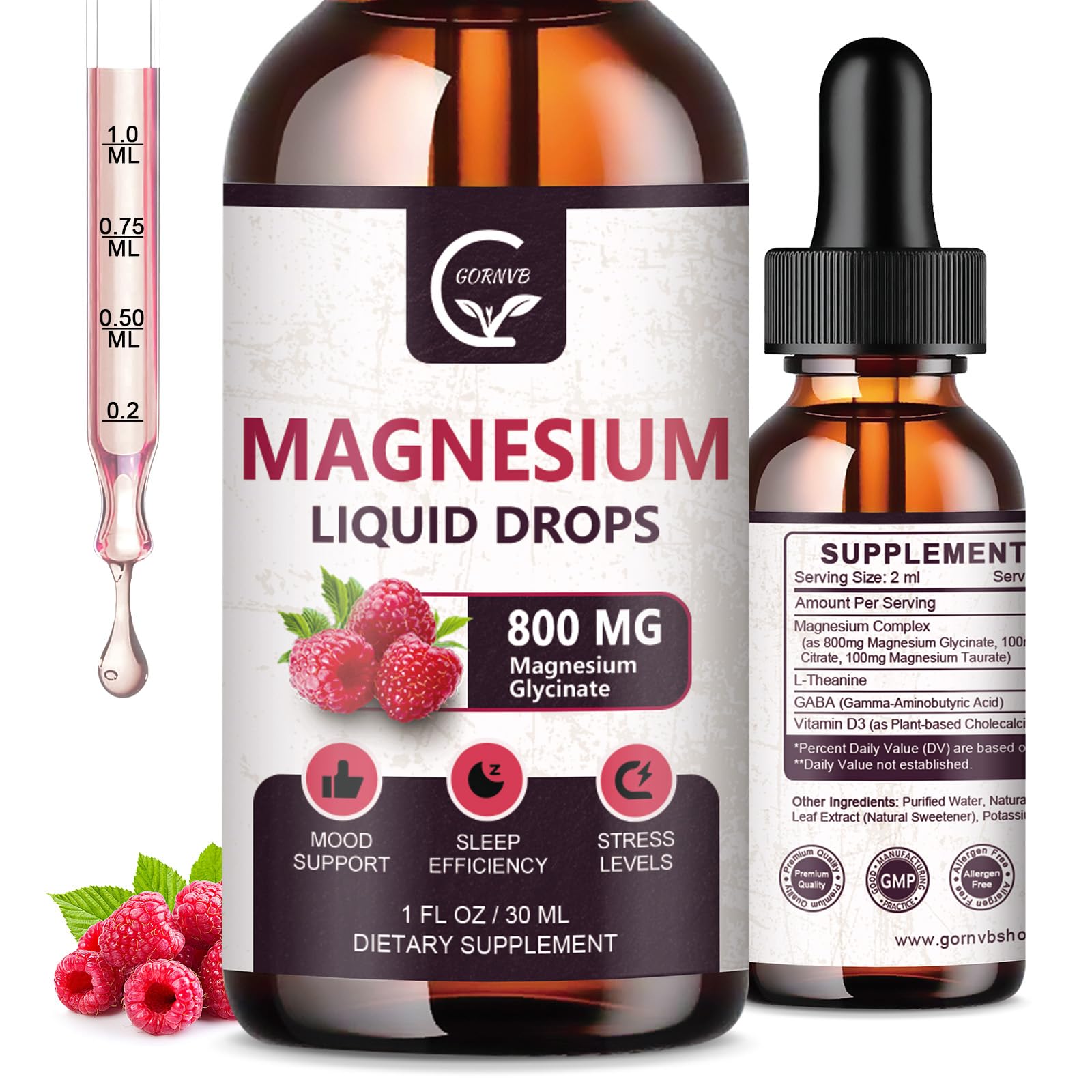 GORNVB Magnesium Glycinate Liquid Drops 1000mg - 2 Pack Raspberry (D3, L-Theanine & GABA)