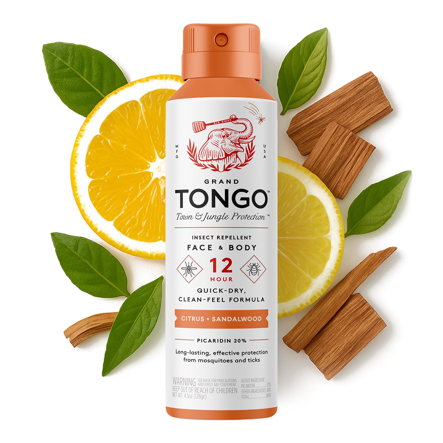 Grand Tongo DEET-Free Insect Repellent with Picaridin | 12-Hour Protection • Citrus + Sandalwood