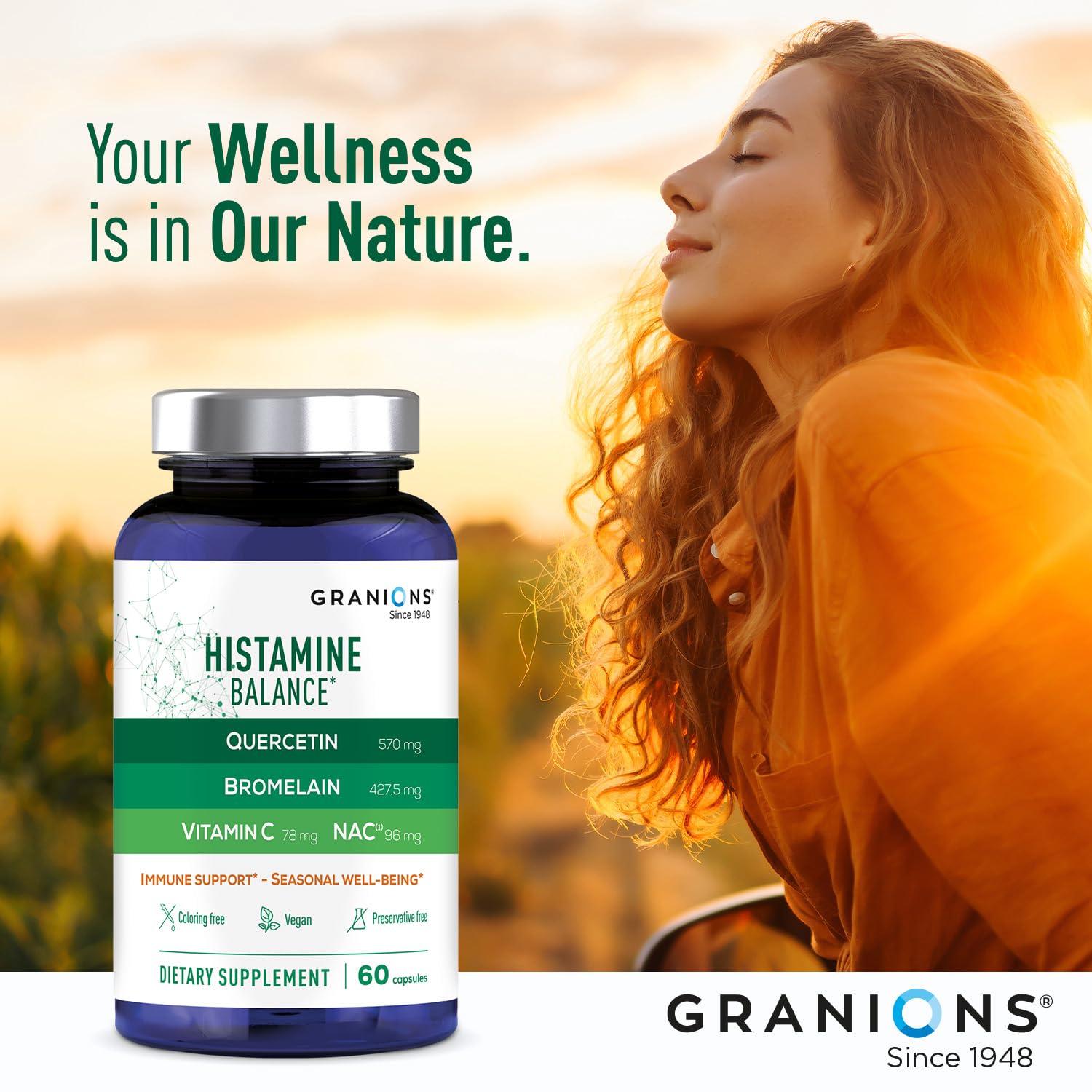 Granions Histamine Balance Complex - Quercetin, Bromelain, NAC & Vitamin C | 60 Vegan Capsules