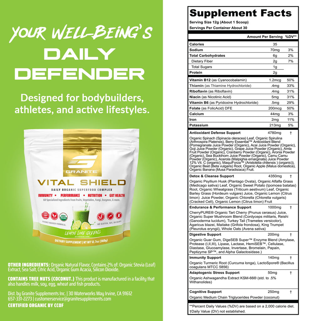 Granite Nutrition Vital Shield – USDA Organic Greens, Mushrooms & Tart Cherry (30 Servings)