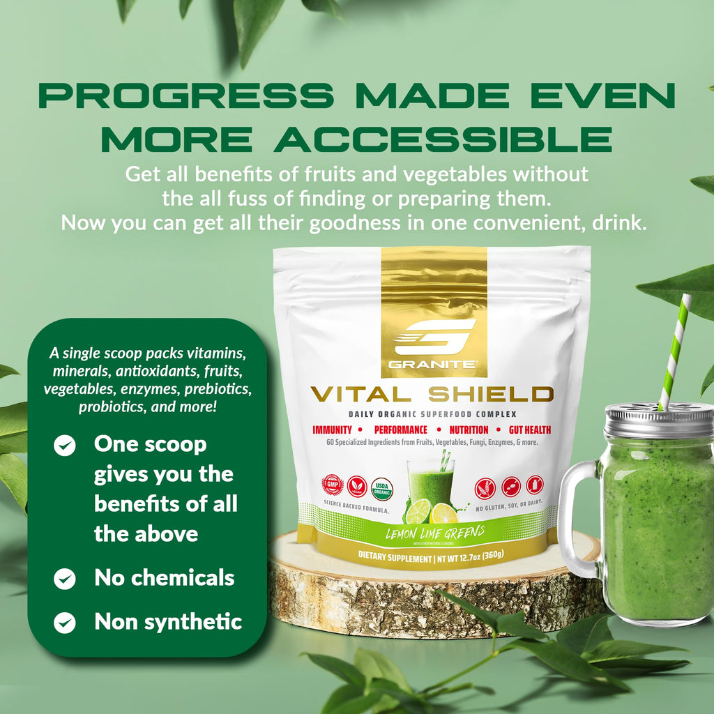Granite Nutrition Vital Shield – USDA Organic Greens, Mushrooms & Tart Cherry (30 Servings)