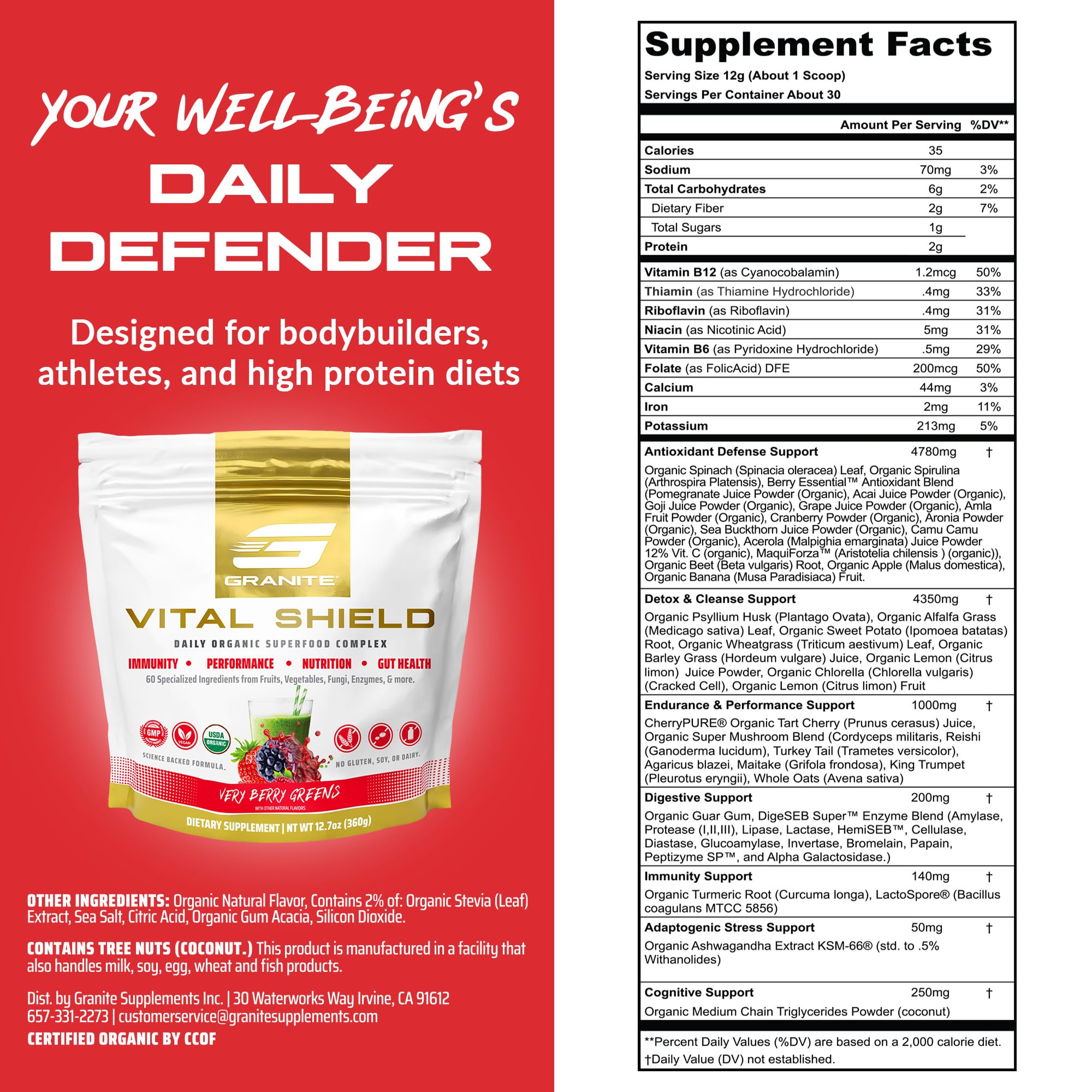 Granite Nutrition Vital Shield – Organic Greens + Tart Cherry (Very Berry)