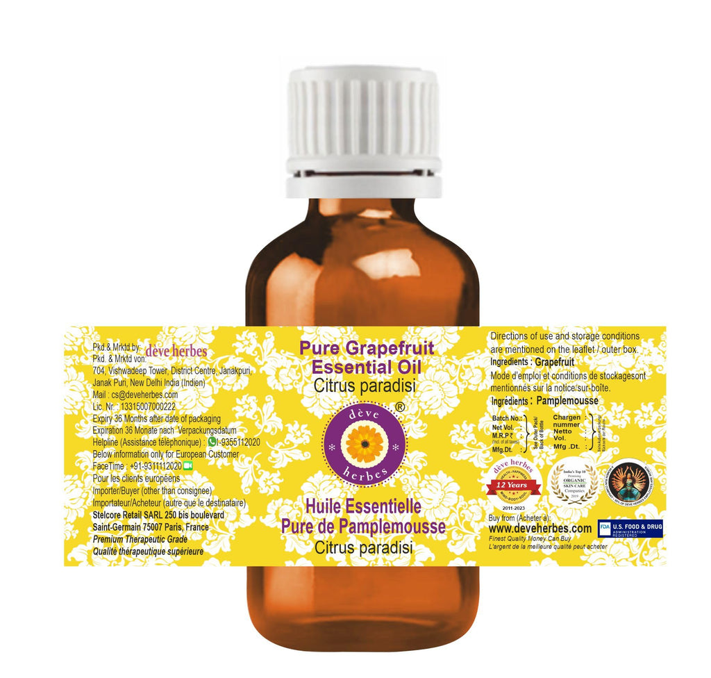 dève herbes Grapefruit Essential Oil (Citrus paradisi) Pure – Steam Distilled 100ml (3.38 oz) – Non-Sticky & Non-Greasy