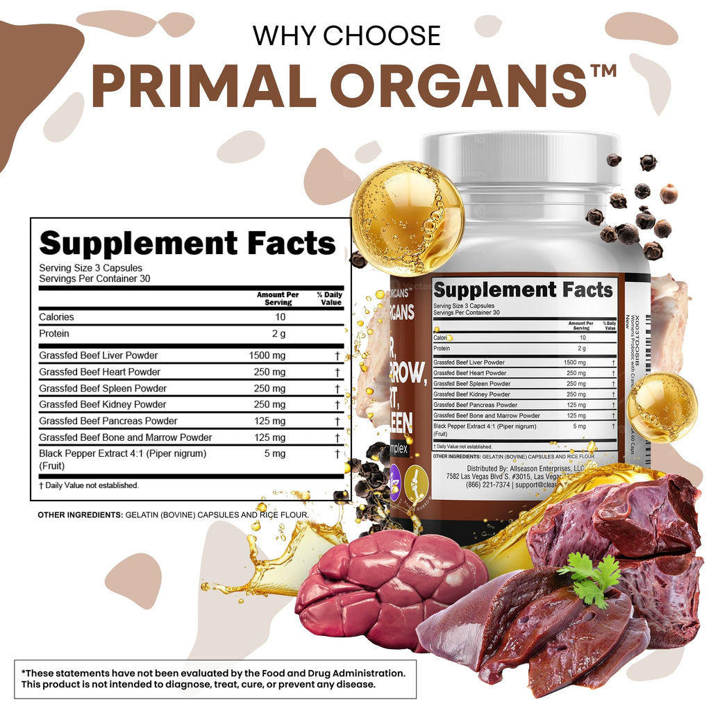Grass Fed Beef Liver Capsules with Desiccated Organs (Heart, Spleen, Pancreas) + Bone & Marrow | Premium Quality