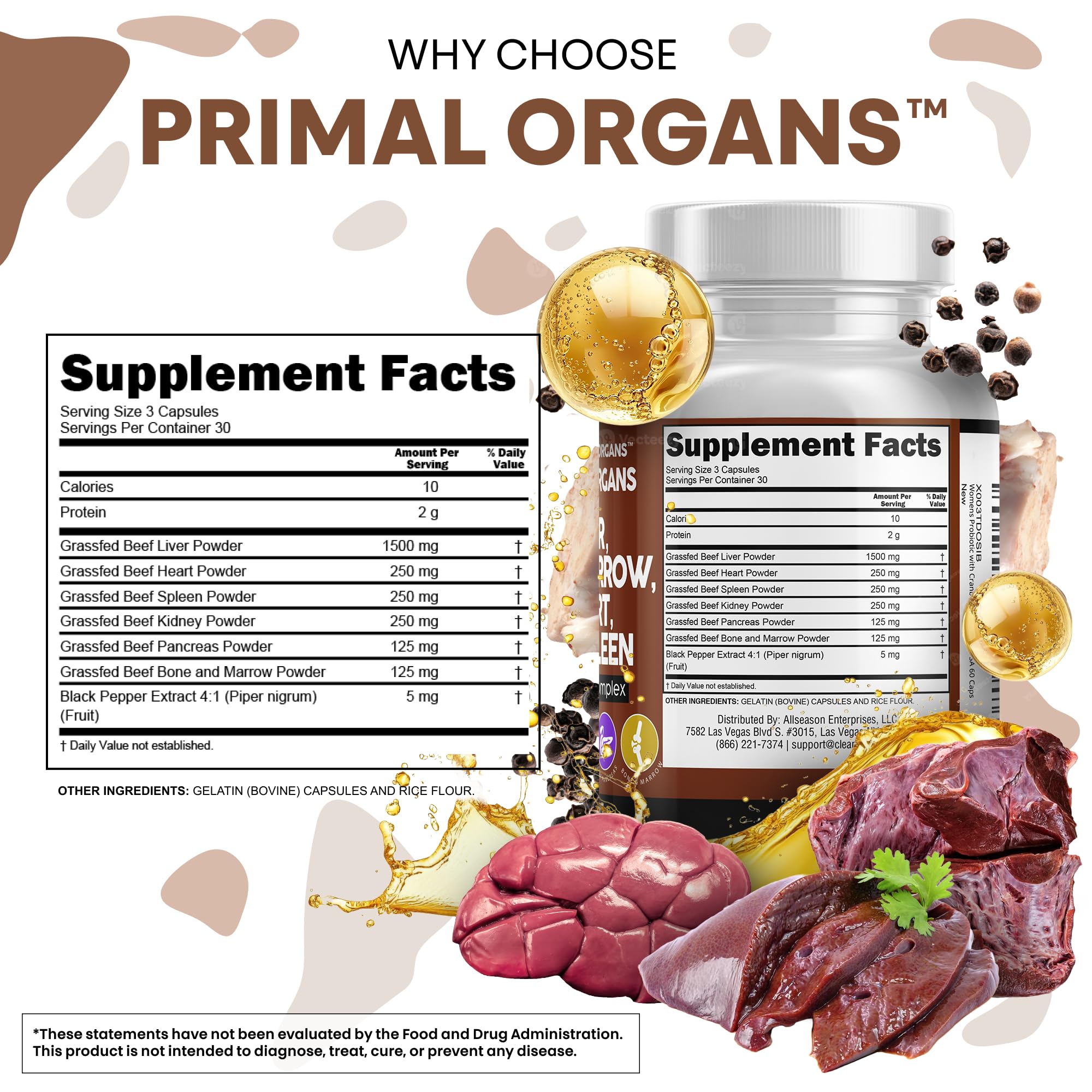 Grass Fed Beef Liver Capsules with Desiccated Organs (Heart, Spleen, Pancreas) + Bone & Marrow | Premium Quality