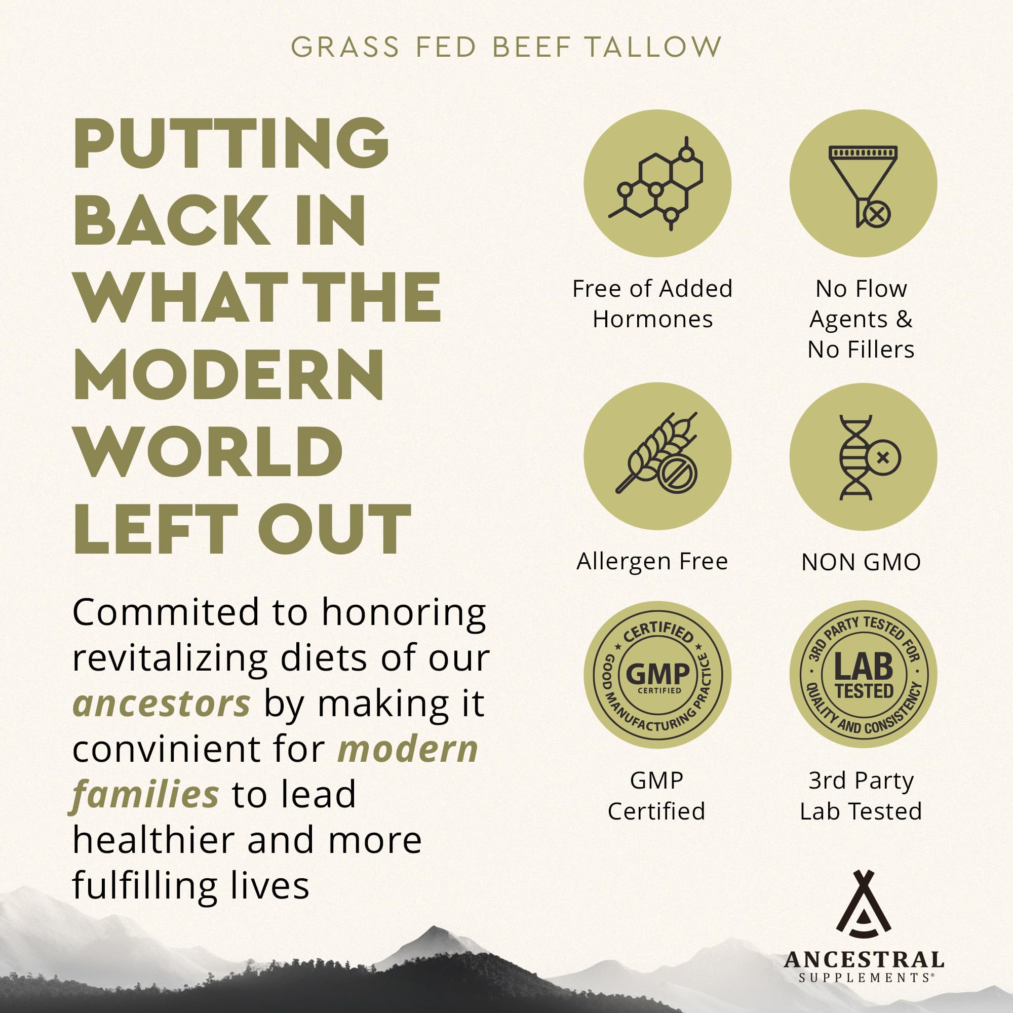 Ancestral Supplements Grass Fed Beef Tallow Capsules 3000mg – Non-GMO | 180 Capsules