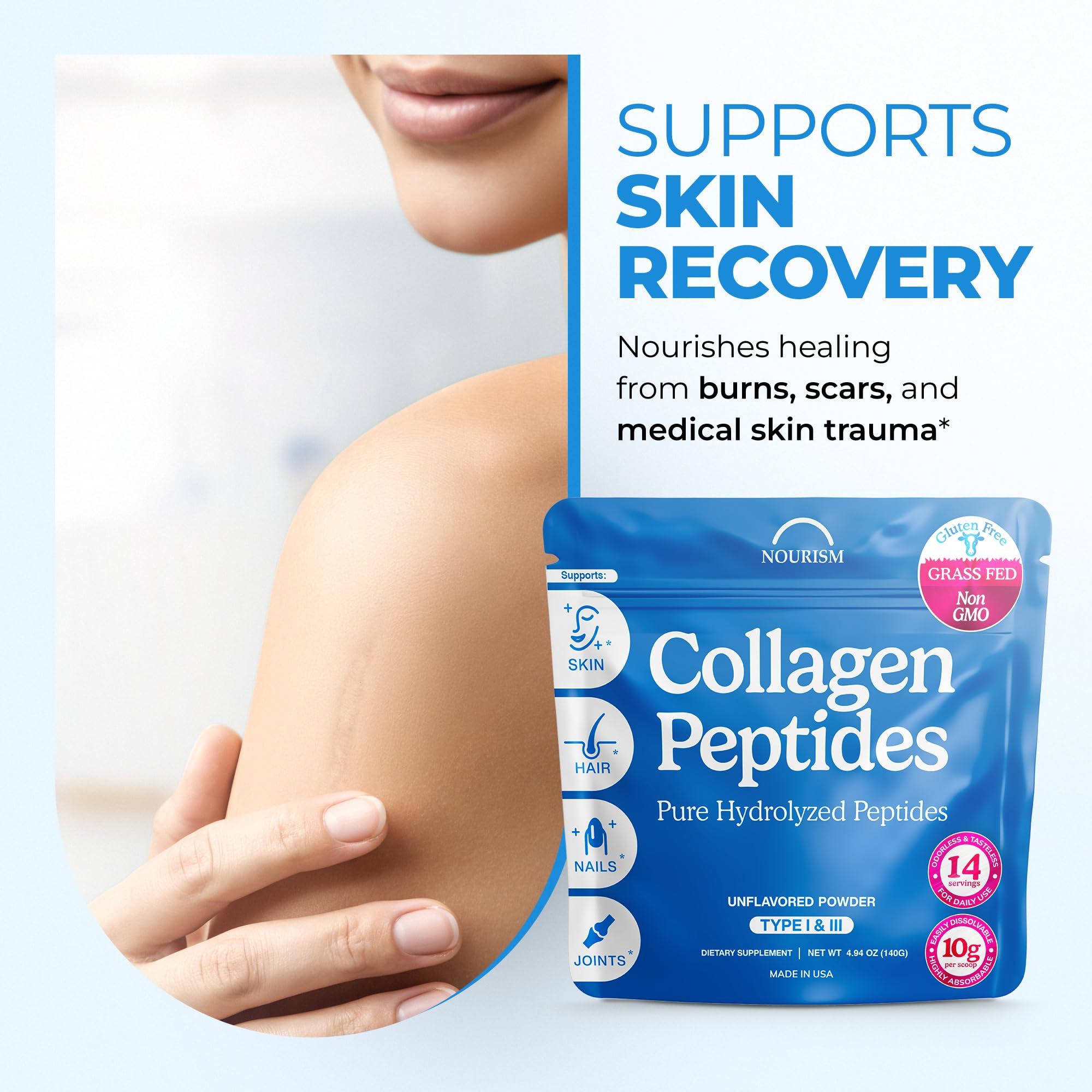 Grass-Fed Collagen Peptides Powder – Type I & III, Unflavored, 9.87 oz